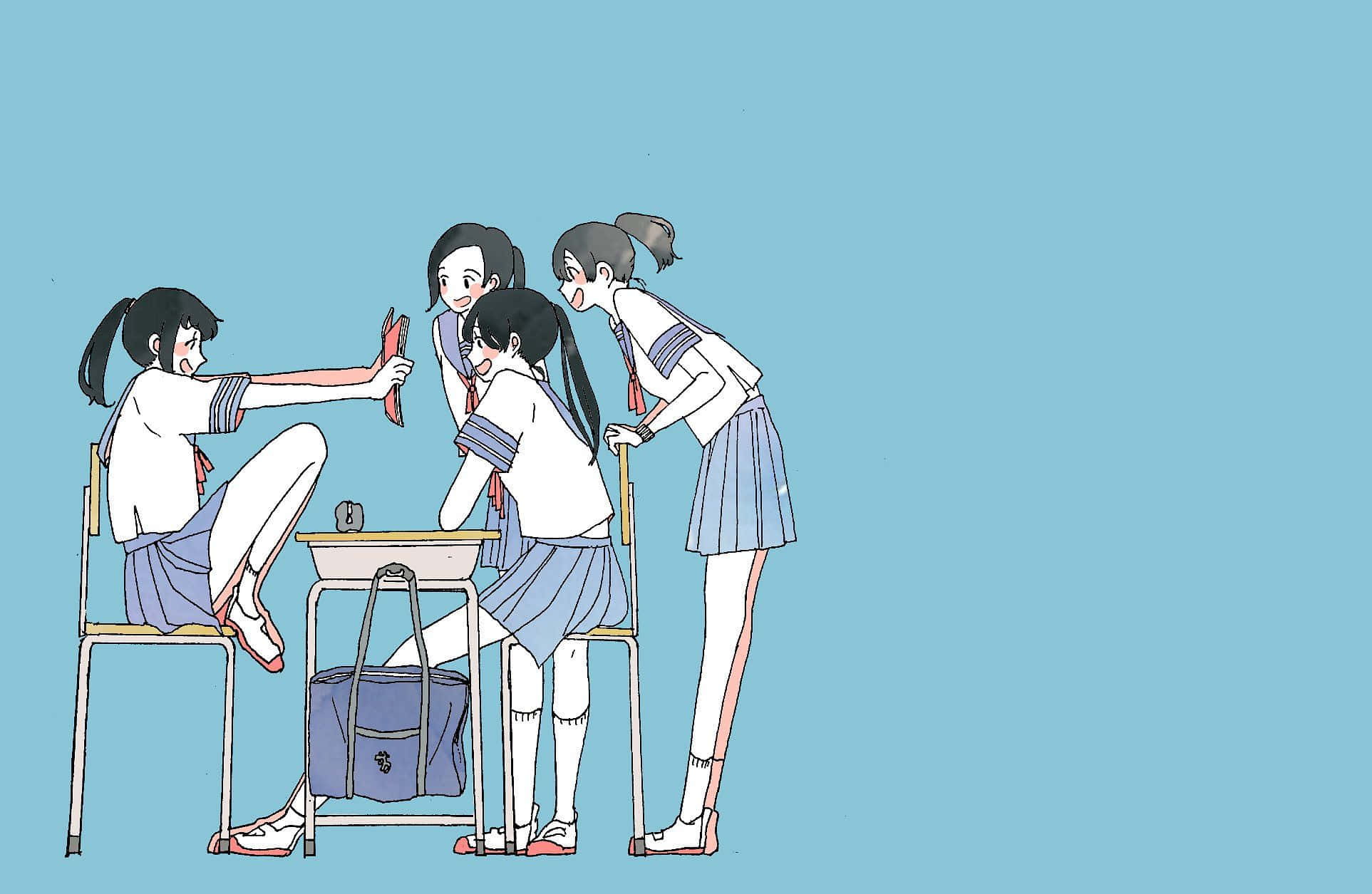 一群女孩坐在桌旁 壁紙