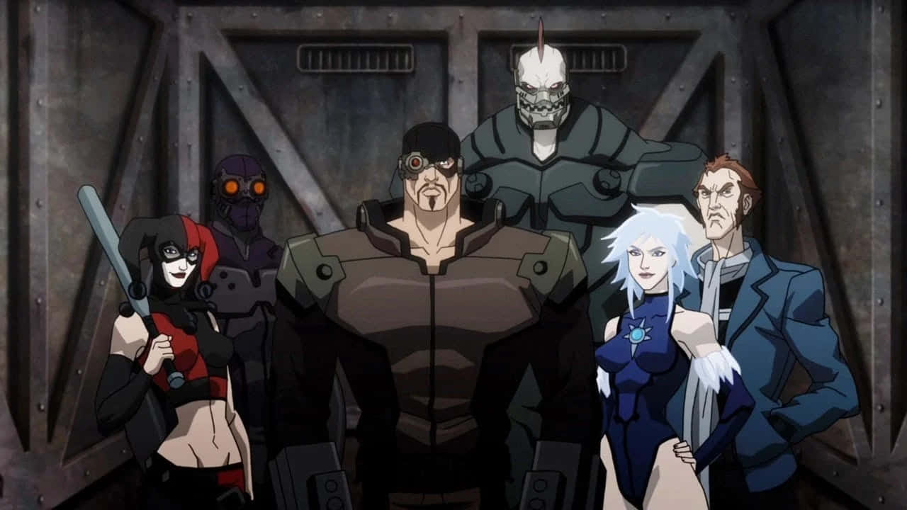 Animated Superhero Movies 桌布 壁紙 — 一群威脅性的動畫反派站在陰暗的工業環境中，有金屬門和昏暗的燈光。