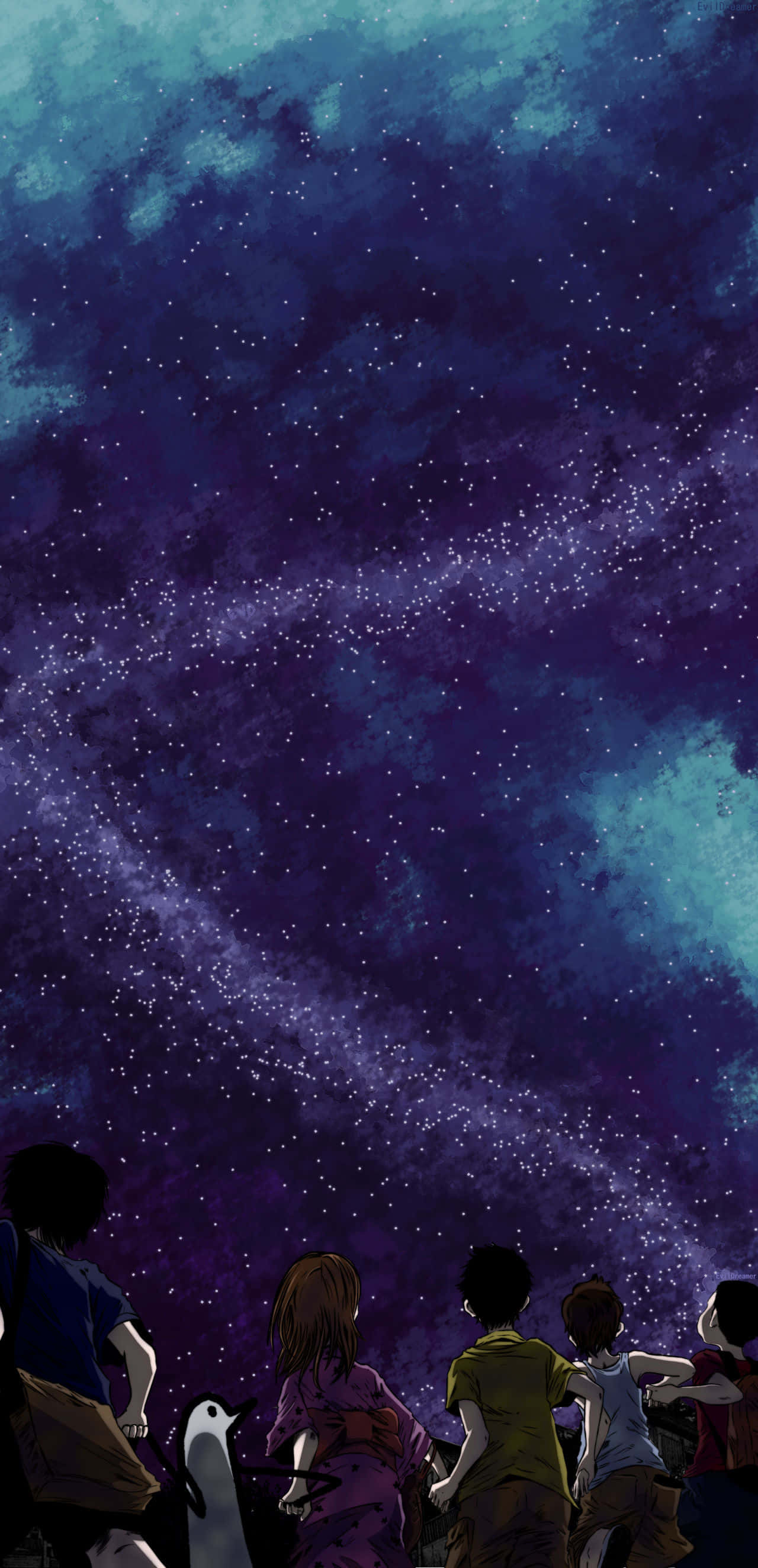 桌布 壁紙 — 一群孩子和一隻企鵝仰望廣闊的星空，夜空充滿宇宙塵埃和發光的星雲。