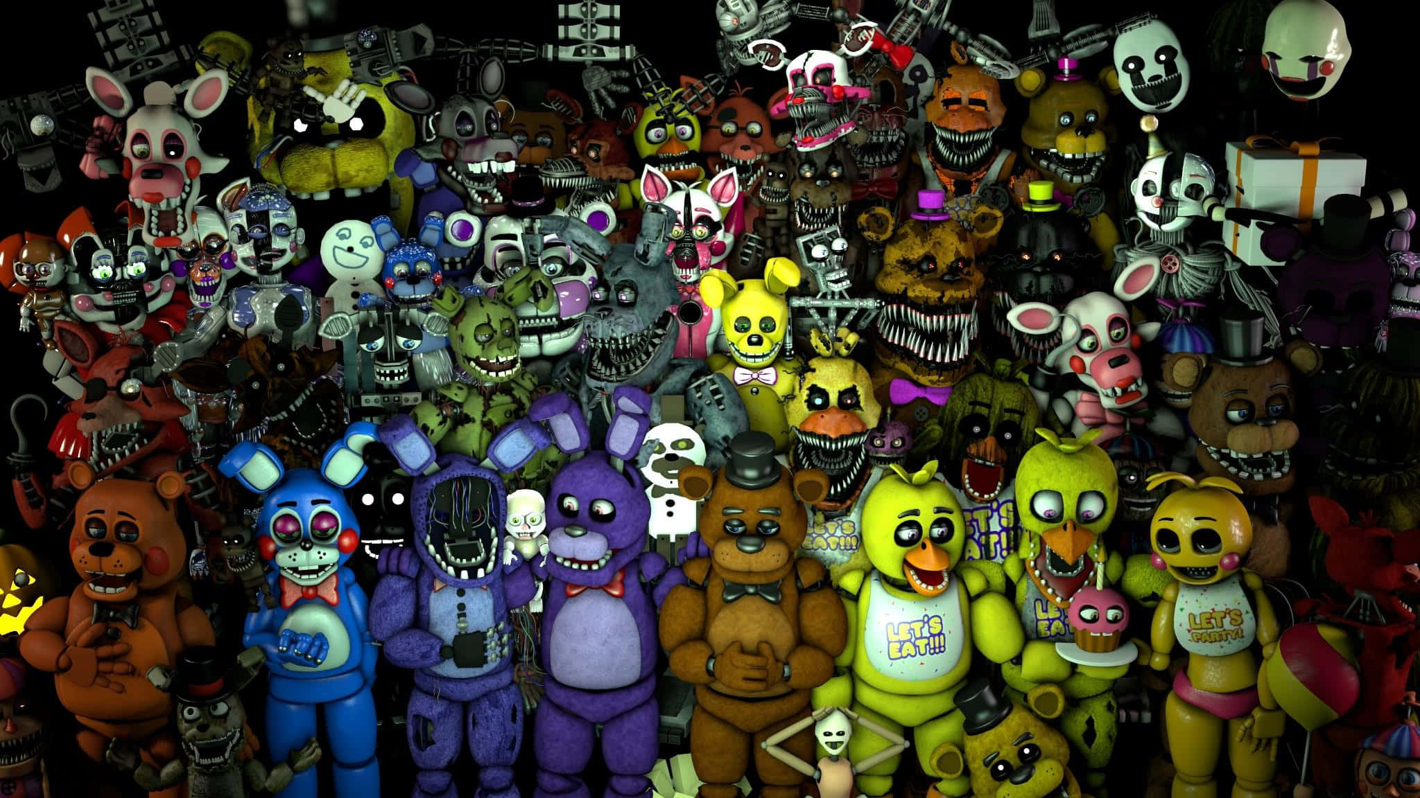 Animatronics 桌布 壁紙 — 一群密集的Five Nights at Freddy's的恐怖機械動畫角色，有發光的眼睛和尖銳的牙齒。