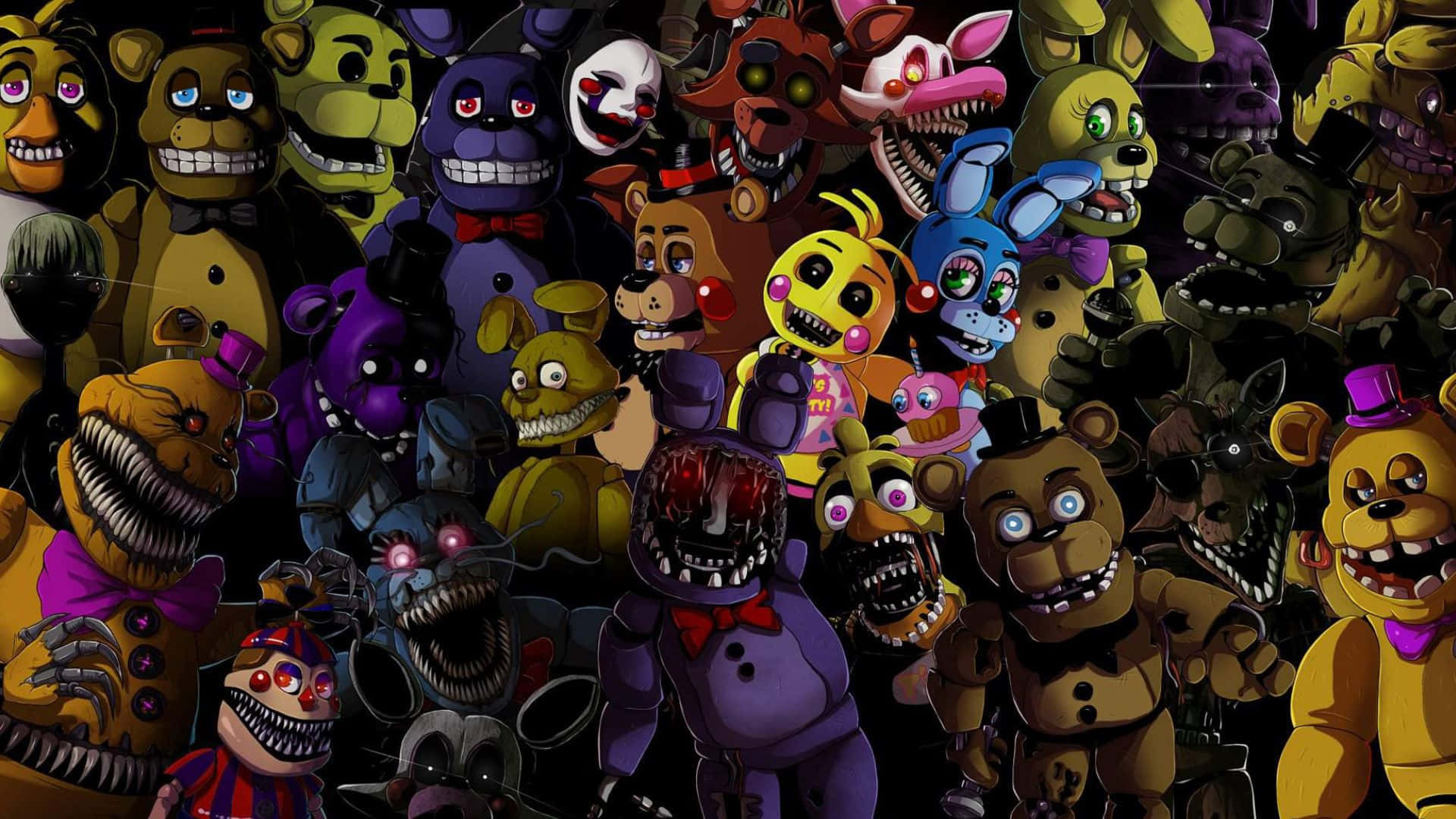 Fazbear Frights 桌布 壁紙 — 一群密集的來自Five Nights at Freddy's的威脅性電子動畫角色，擁有發光的眼睛和鋒利的牙齒，背景為黑暗。