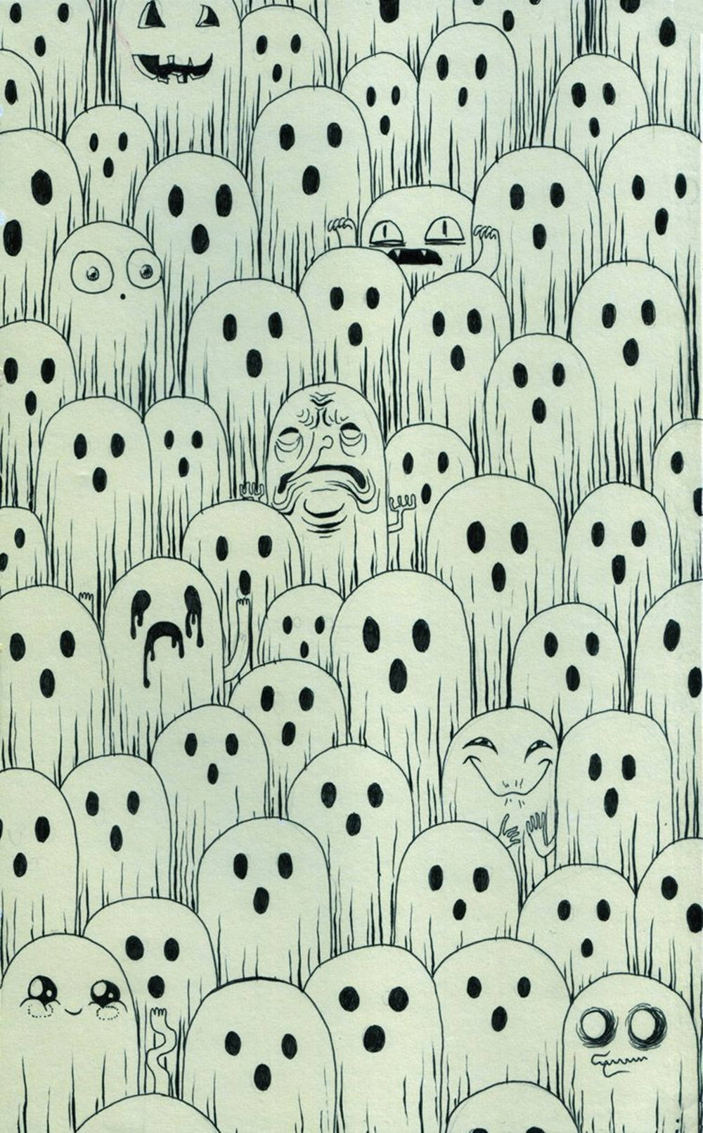 Spooky Aesthetic 桌布 壁紙 — 一群密集的卡通鬼魂，表情各異，從高草叢中冒出，構成一個既詭異又異想天開的插圖。