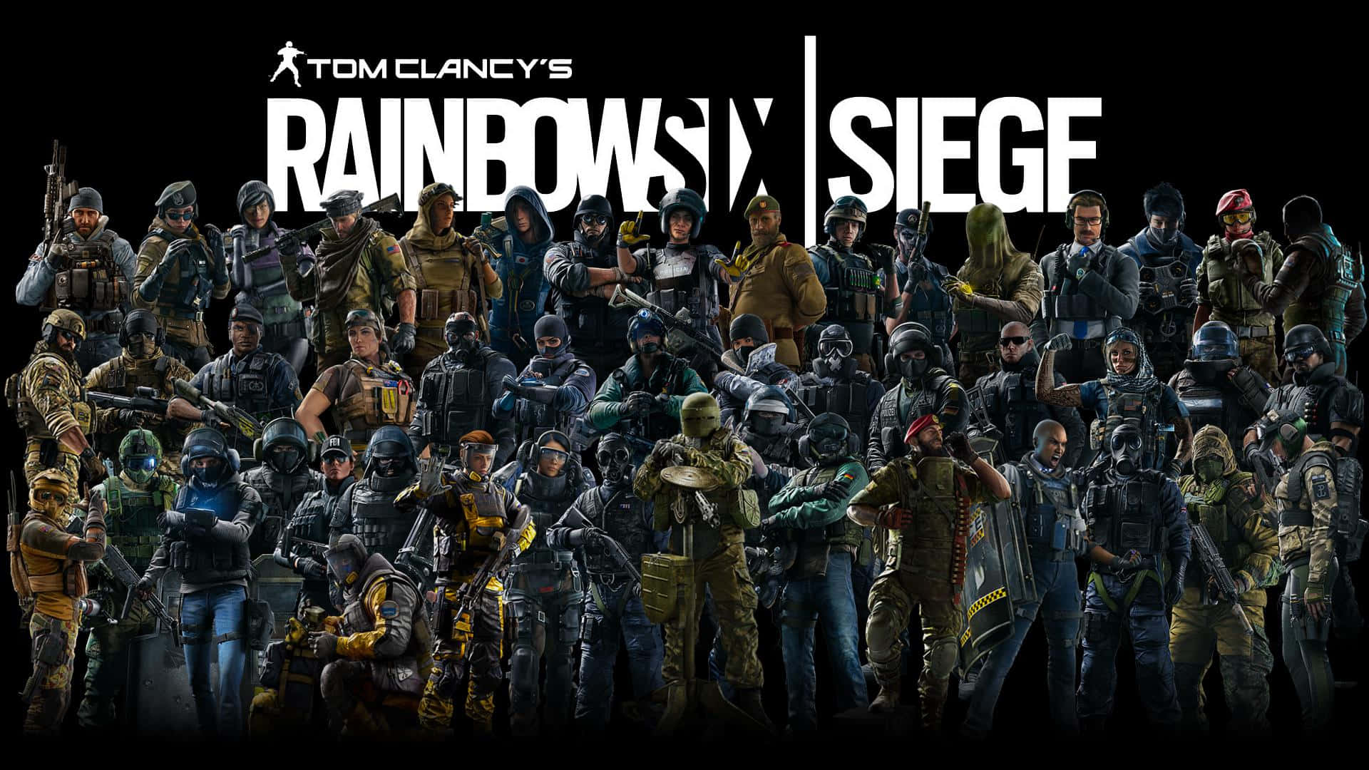 Rainbow Six Siege Operators 桌布 壁紙 — 一群密集的多樣化戰術操作員全副武裝，在黑色背景前自信擺姿勢，遊戲標題顯眼展示。
