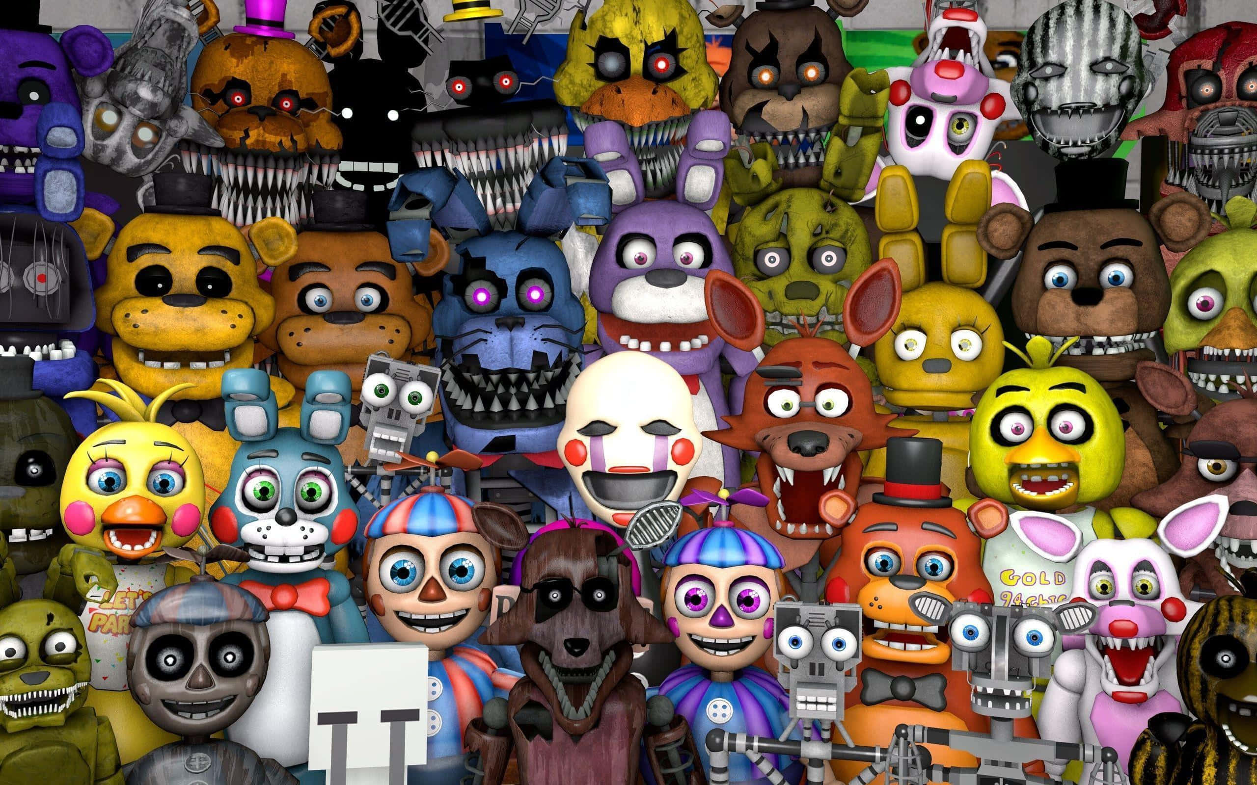 Animatronics 桌布 壁紙 — 一群密集的威脅性動畫機械角色，來自 Five Nights at Freddy's，有發光的眼睛和尖銳的牙齒。