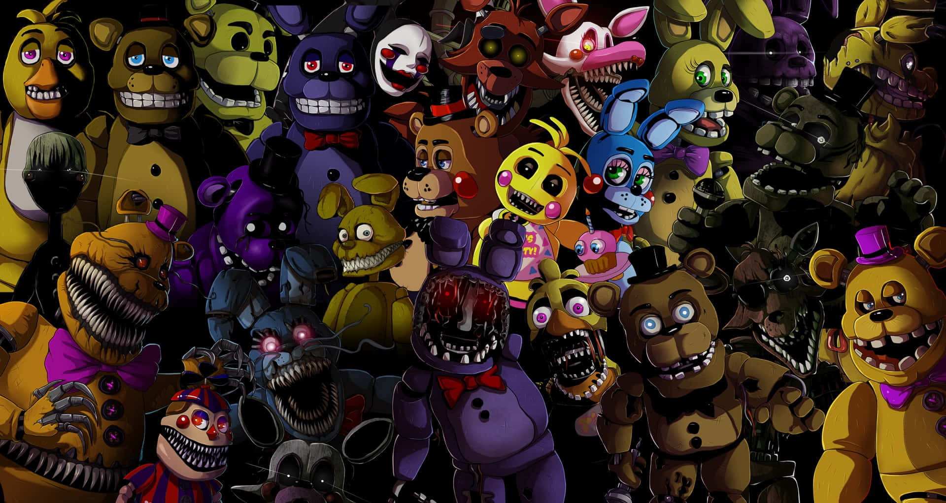 Animatronics 桌布 壁紙 — 一群密集的威脅性動畫機械角色，來自《Five Nights at Freddy's》，有發光的眼睛和尖銳的牙齒，背景是黑暗的。