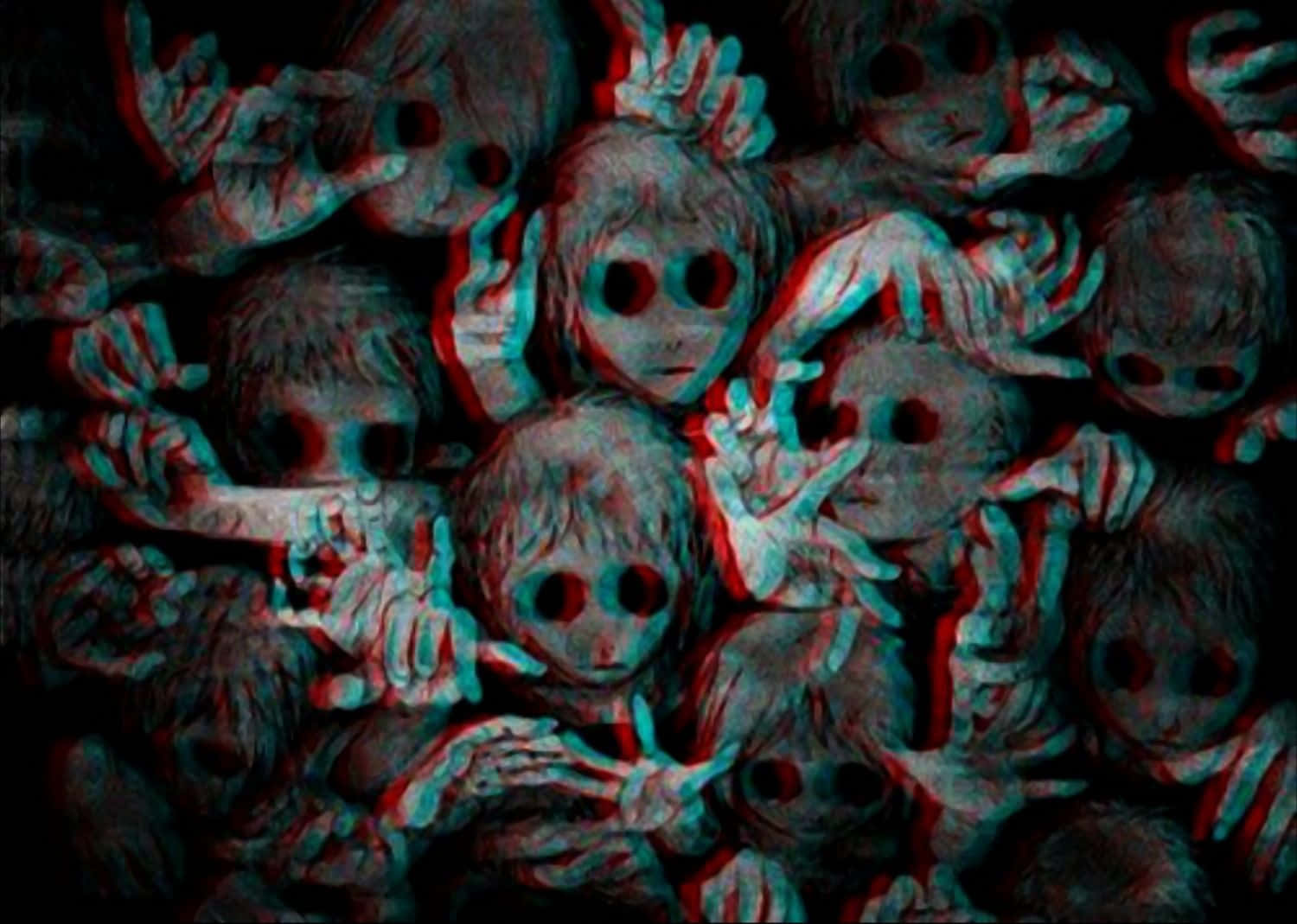 Creepy Aesthetic 桌布 壁紙 — 一群密集的扭曲3D立體幻影兒童，空洞的眼睛和伸出的手，顏色為深紅和青色。