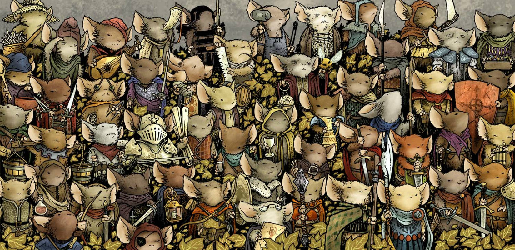Mouse 桌布 壁紙 — 一群密集的擬人化老鼠，身穿中世紀奇幻盔甲和武器，站在金色樹葉中。