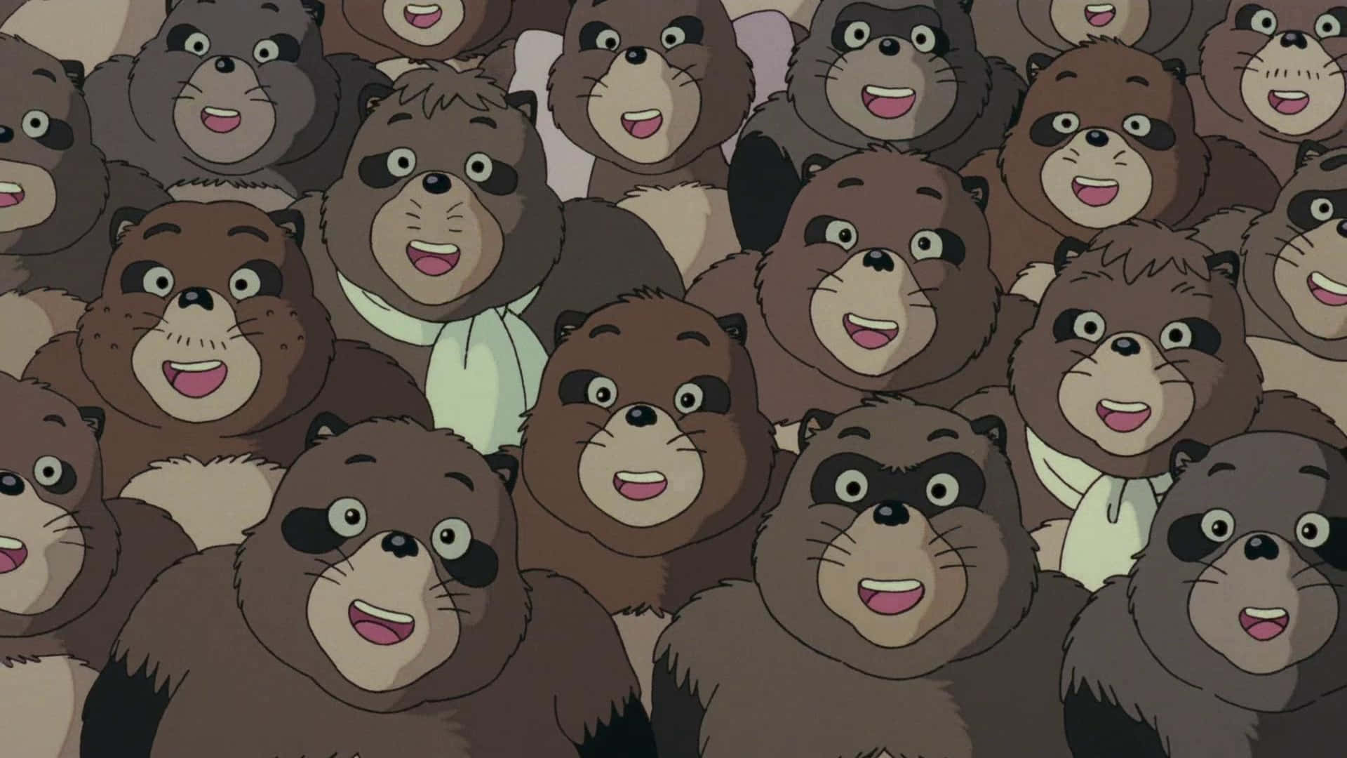pom poko 桌布 壁紙 — 一群密集的開心卡通浣熊，有大眼睛和微笑的嘴巴，填滿了畫面。