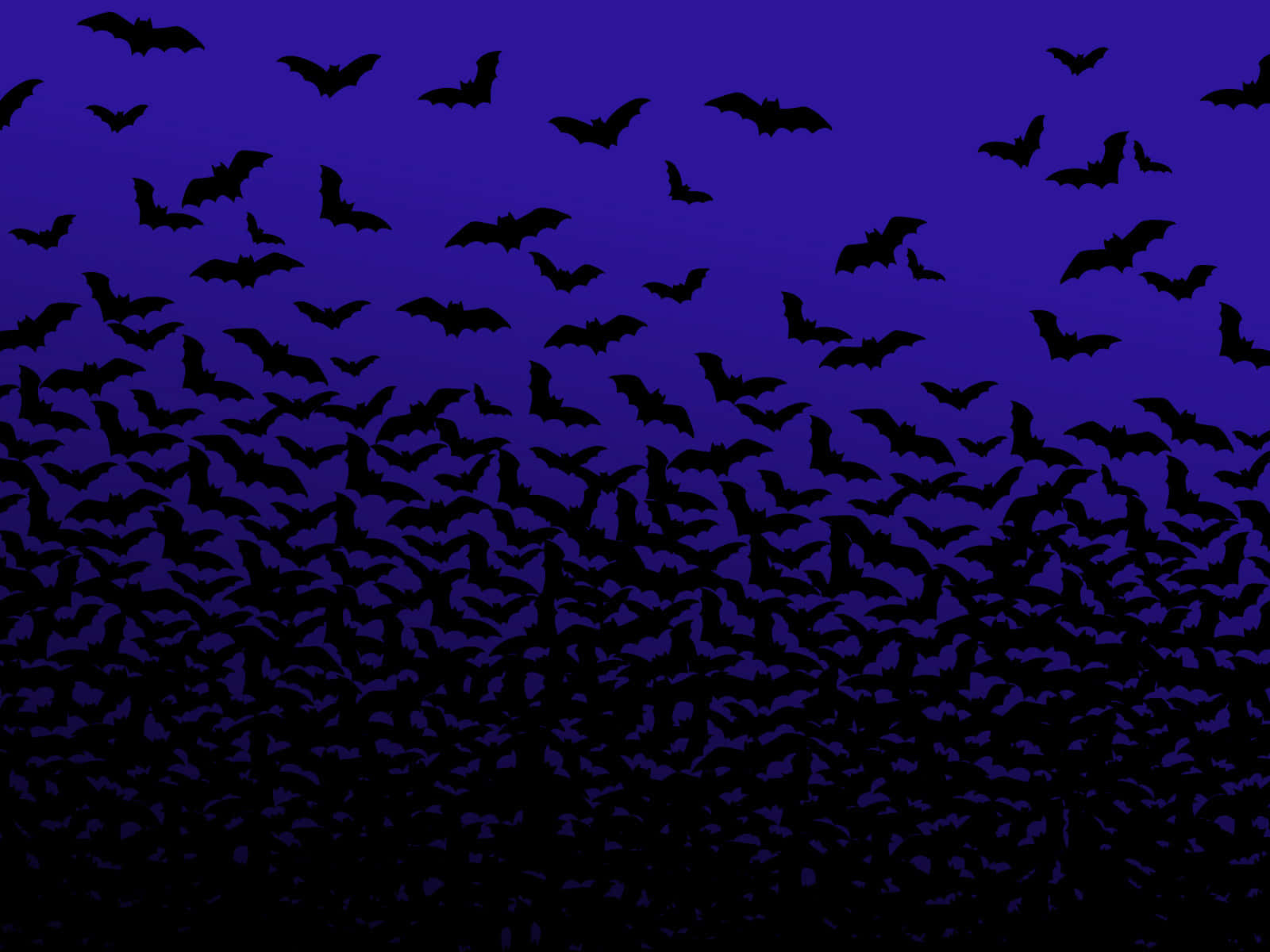bat 桌布 壁紙 — 一群密集的黑色蝙蝠剪影在漸變紫色夜空中飛翔。