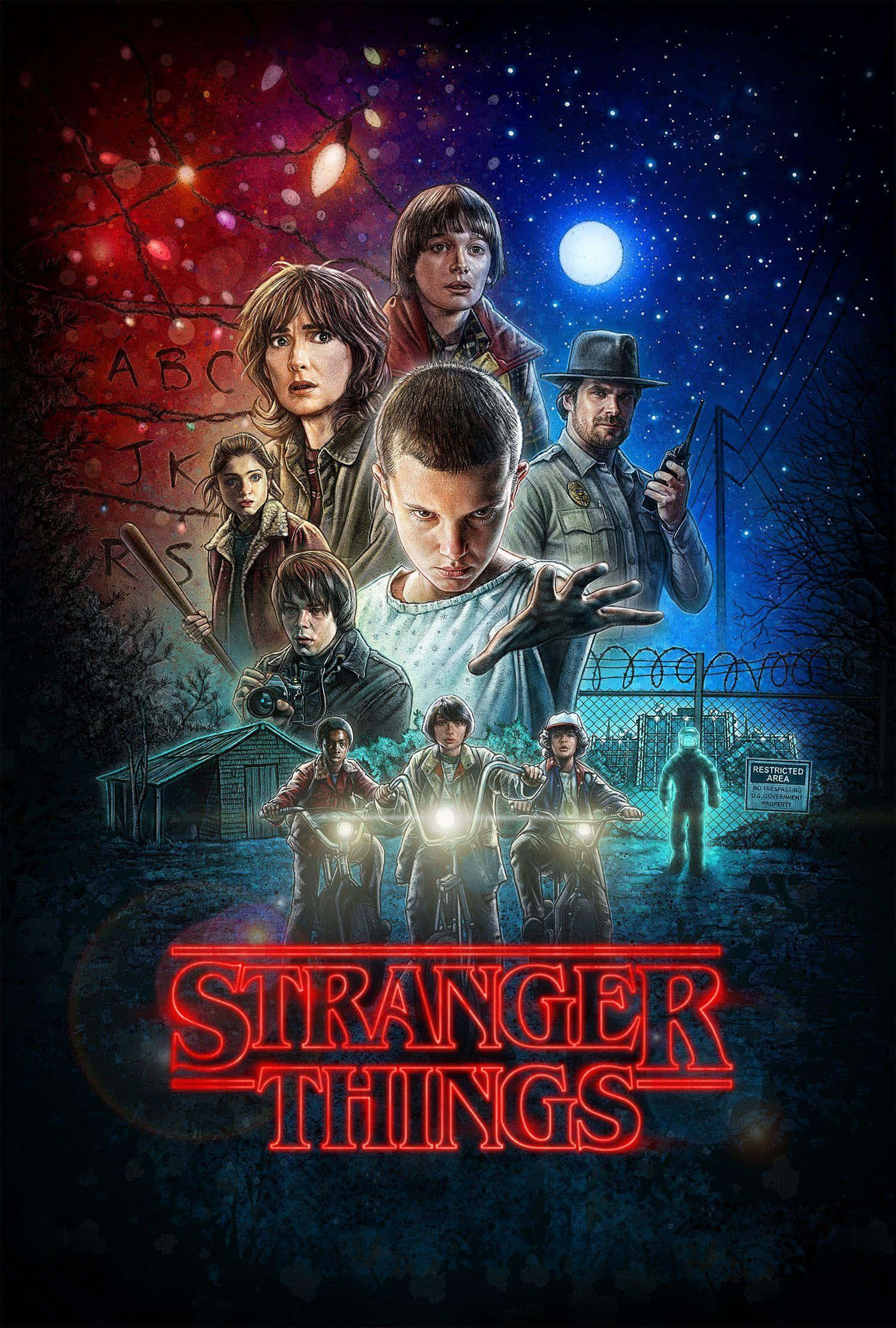 Netflix 桌布 壁紙 — 一群小孩和大人站在一個詭異的夜間森林中，滿月下有著發光的紅燈和背景中的神秘人物。