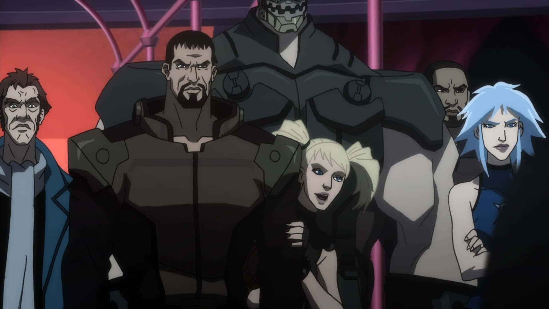 Batman Assault On Arkham 桌布 壁紙 — 一群帶有威脅表情的動畫反派站在光線昏暗、帶有紫色燈光的未來風格場景中。