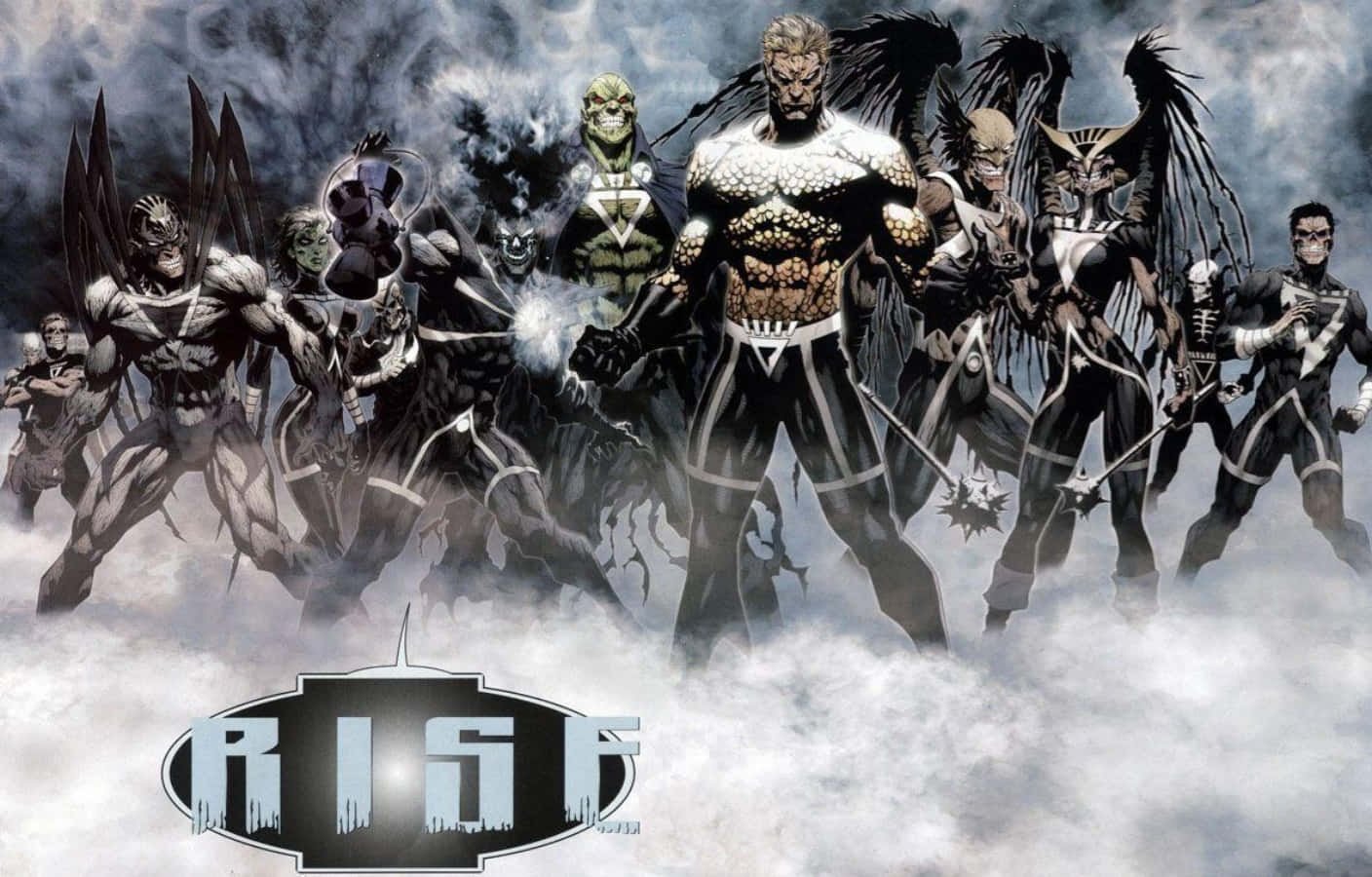 Blackest Night 桌布 壁紙 — 一群帶有暗色翅膀的威脅性超級英雄站在暴風雲上，呈現出戲劇性的漫畫插圖。