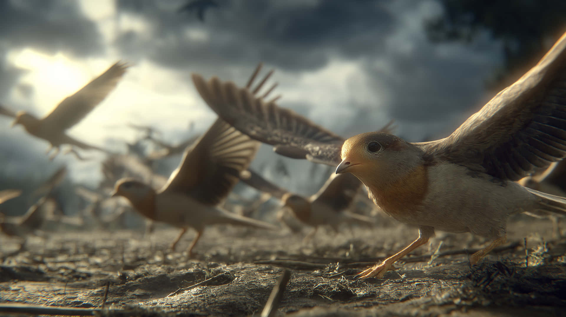 Robins in Motion: Extreme Close-up of a Flocking Scene 壁紙 — 一群帶有棕色和白色羽毛的小鳥在戲劇性的多雲天空下從龜裂的土地上起飛。