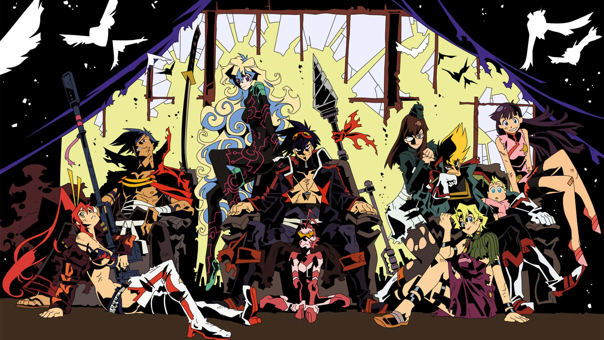 Gurren Lagann 桌布 壁紙 — 一群帶有武器的動漫角色在破碎的窗戶前戲劇性地擺姿勢，鳥兒在繁星點點的夜空中飛翔。
