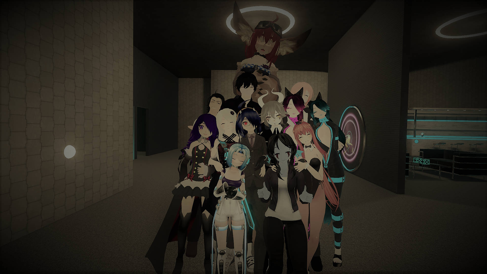 vrchat 桌布 壁紙 — 一群帶有發光光環和未來元素的動漫風格角色站在光線昏暗、石牆的走廊中。