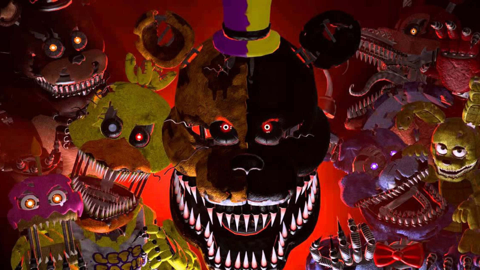Scary Fnaf 桌布 壁紙 — 一群帶有發光眼睛和尖牙的機械動畫角色，在血紅色背景前顯得威嚇。