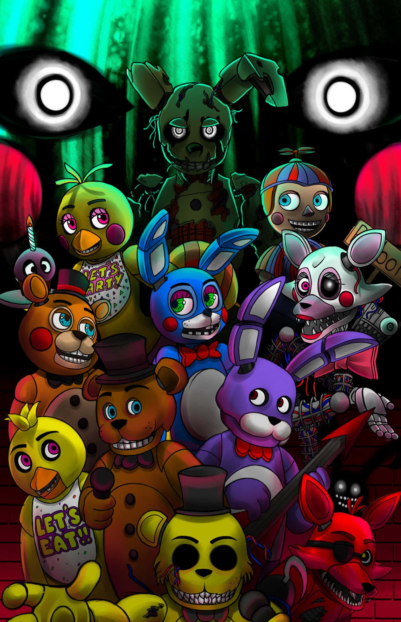 Animatronics 桌布 壁紙 — 一群帶有發光眼睛和尖銳牙齒的威脅性電子動畫角色，從黑暗詭異的森林背景中凝視著。