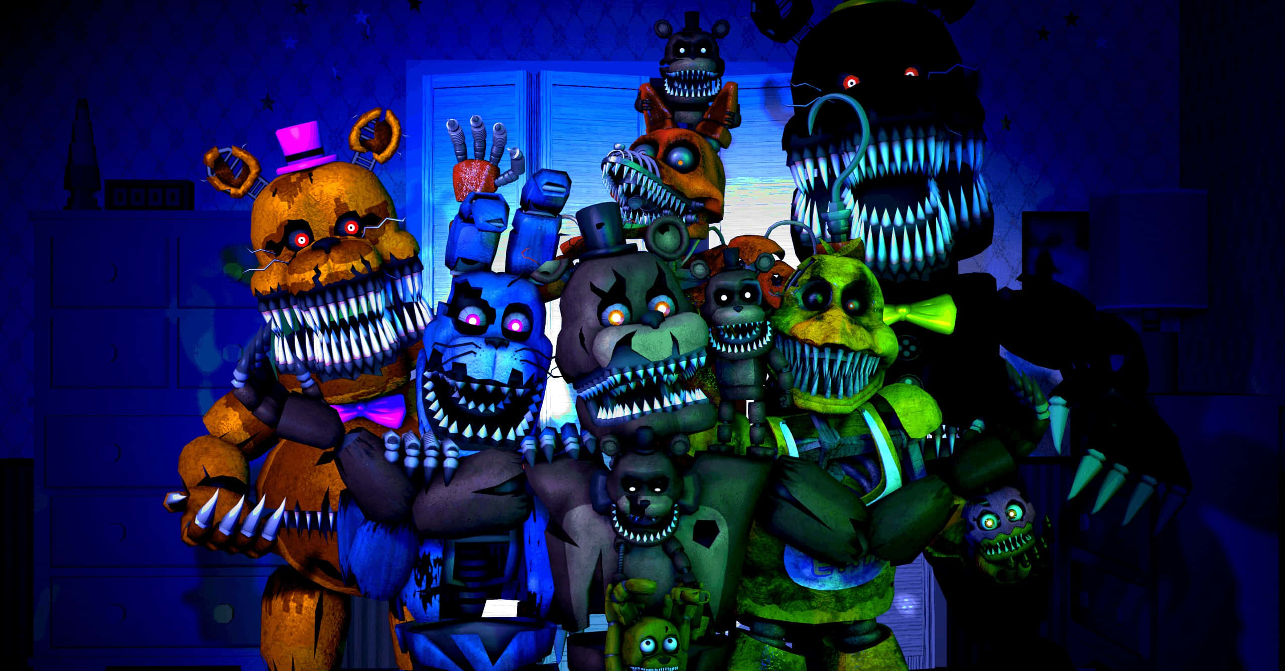 Animatronics 桌布 壁紙 — 一群帶有發光眼睛和尖銳牙齒的威脅性電子動畫角色，站在一個昏暗的房間裡，籠罩在詭異的藍光中。