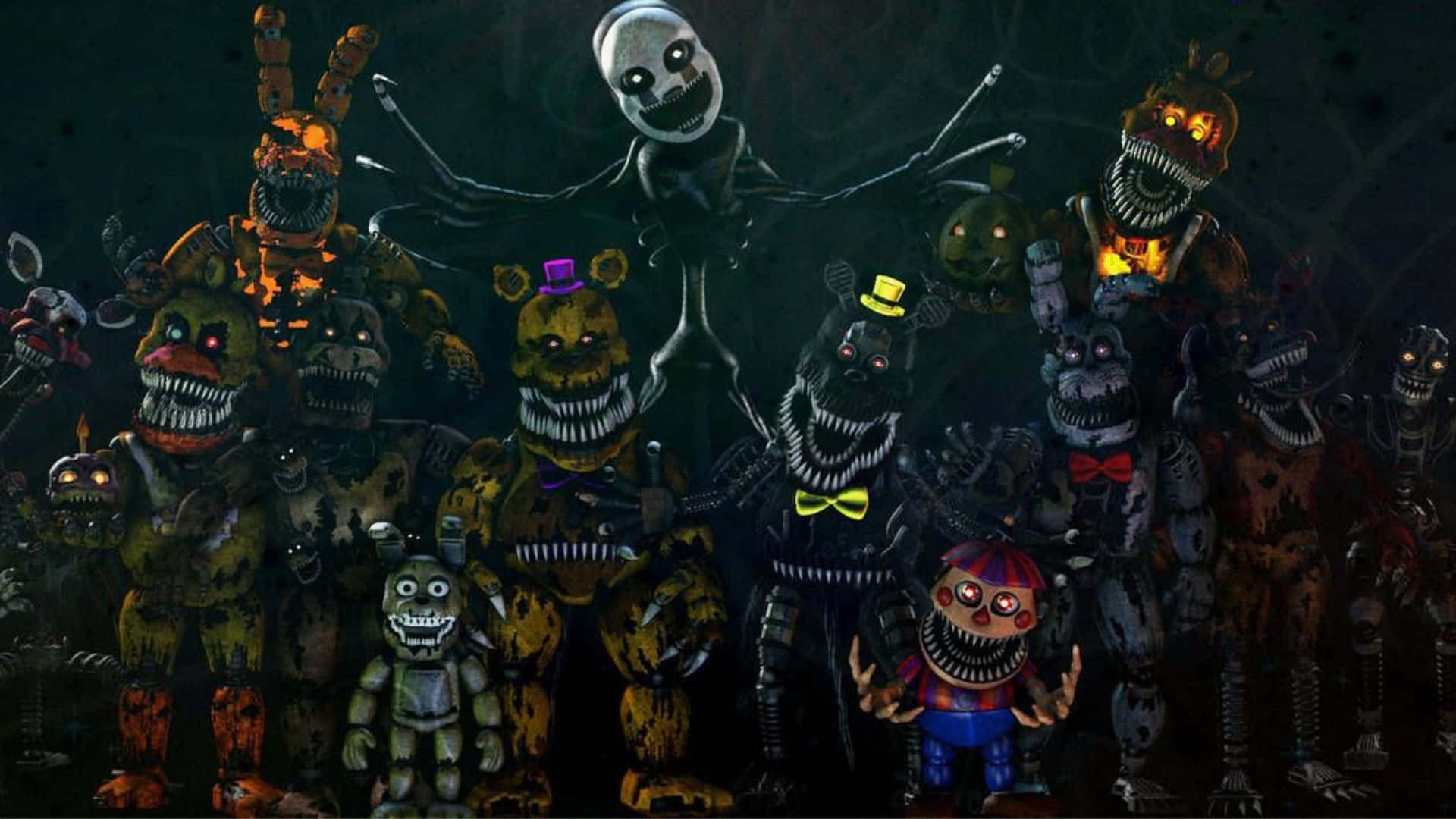Scary Fnaf 桌布 壁紙 — 一群帶有發光眼睛和鋒利牙齒的威脅性電子動畫角色站在黑暗、陰森的環境中。