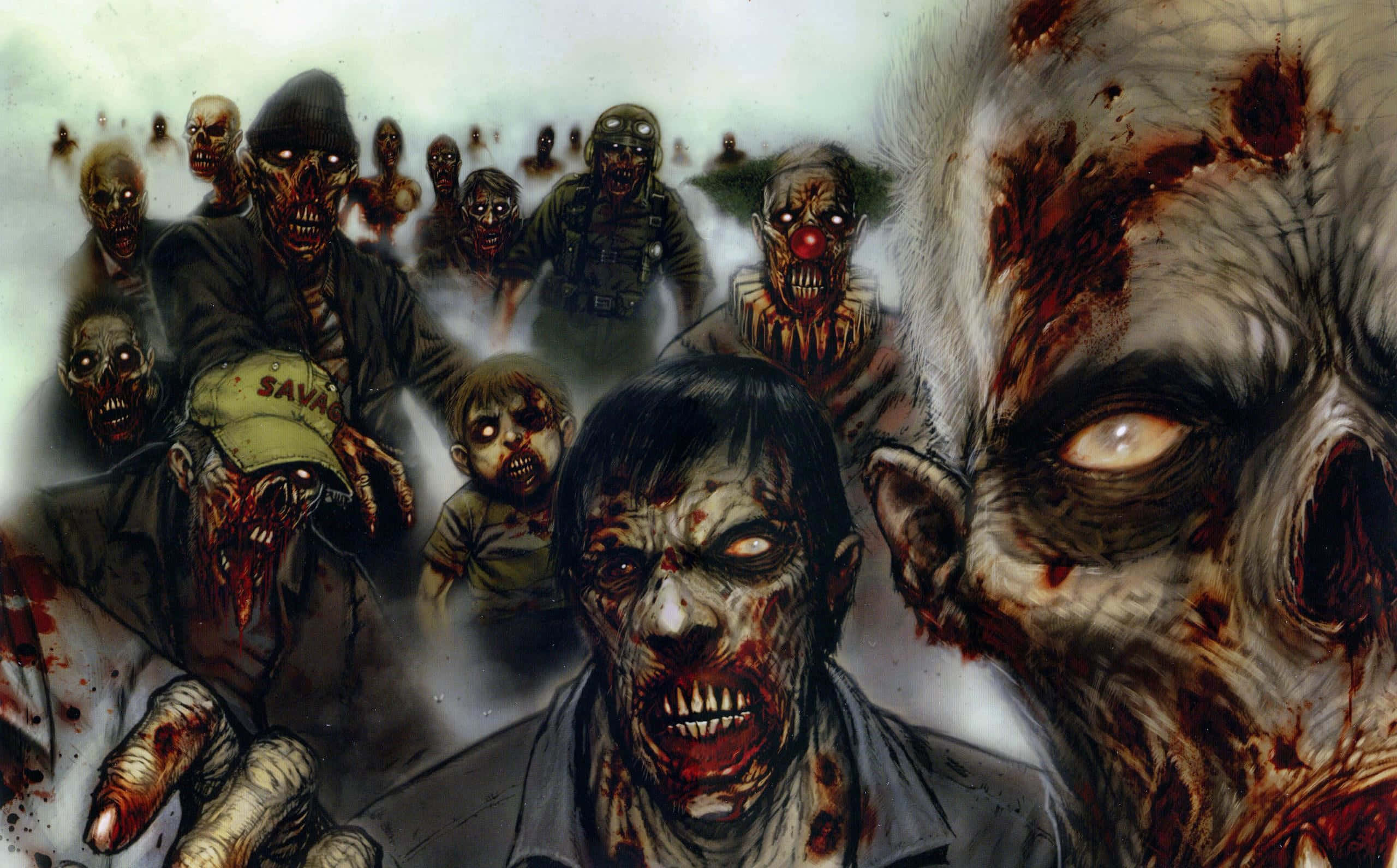 zombies 桌布 壁紙 — 一群帶有血淋淋傷口和發光眼睛的怪誕喪屍，穿過迷霧籠罩、陰森詭異的景觀，威嚇地前進。