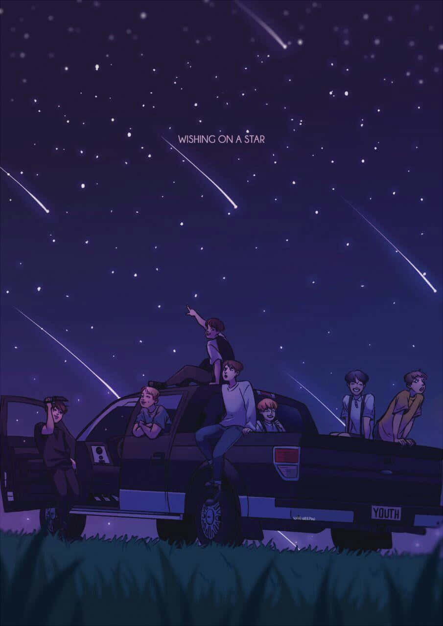 Bts Fanart 桌布 壁紙 — 一群年輕人坐在一輛皮卡車上，在充滿流星和閃爍星星的充滿活力的紫色夜空下。