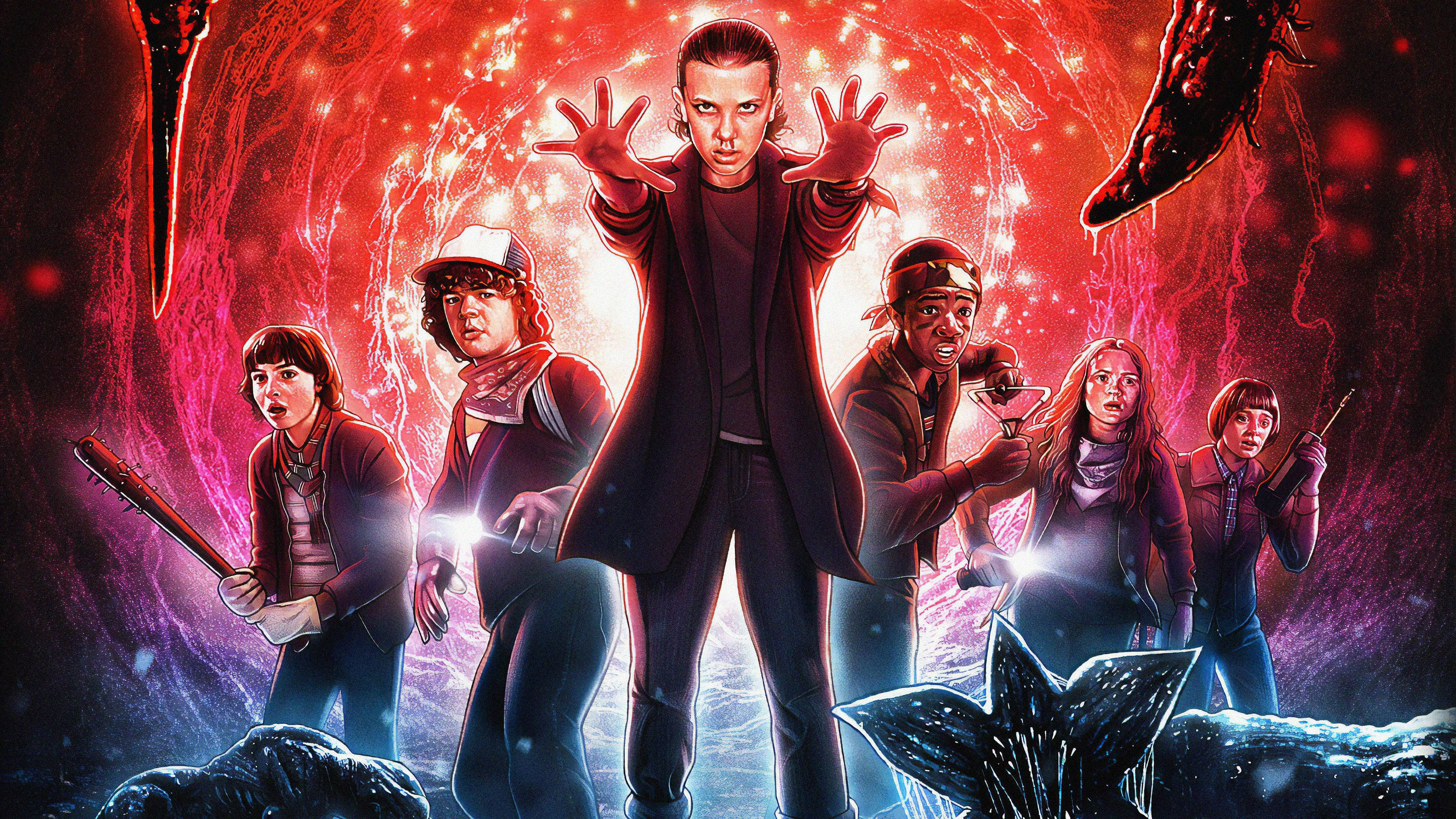 Stranger Things 3 桌布 壁紙 — 一群年輕英雄挑釁地站在一個發光的紅色超自然隧道中，周圍有怪異的生物潛伏著。