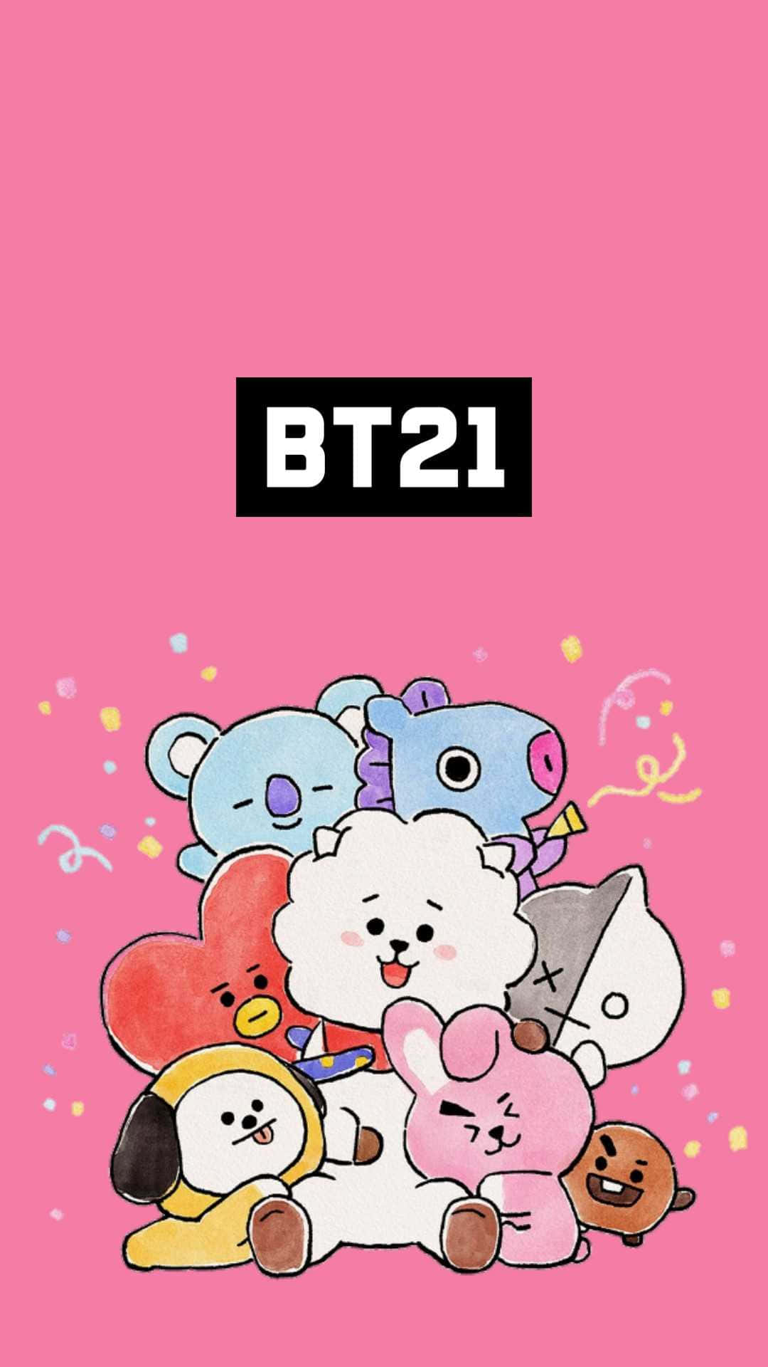 BT21卡通角色在粉紅色背景上以五彩紙屑慶祝。 — BT21 GIF 壁紙