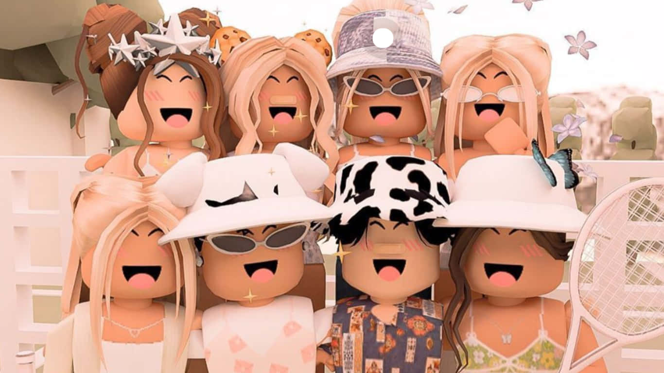 Roblox Bff 桌布 壁紙 — 一群快樂的Roblox頭像，帶著誇張的笑容和時尚帽子，在柔和的粉彩燈光下一同擺姿勢。