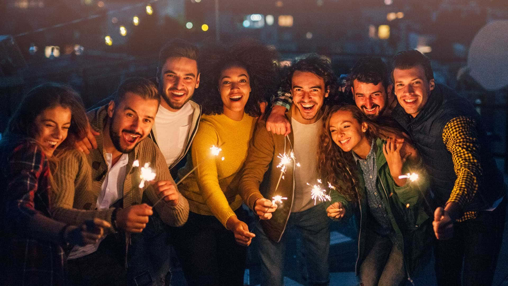 Party 桌布 壁紙 — 一群快樂的朋友在晚上於屋頂上大笑並手持煙火棒，背後的城市燈光閃爍。