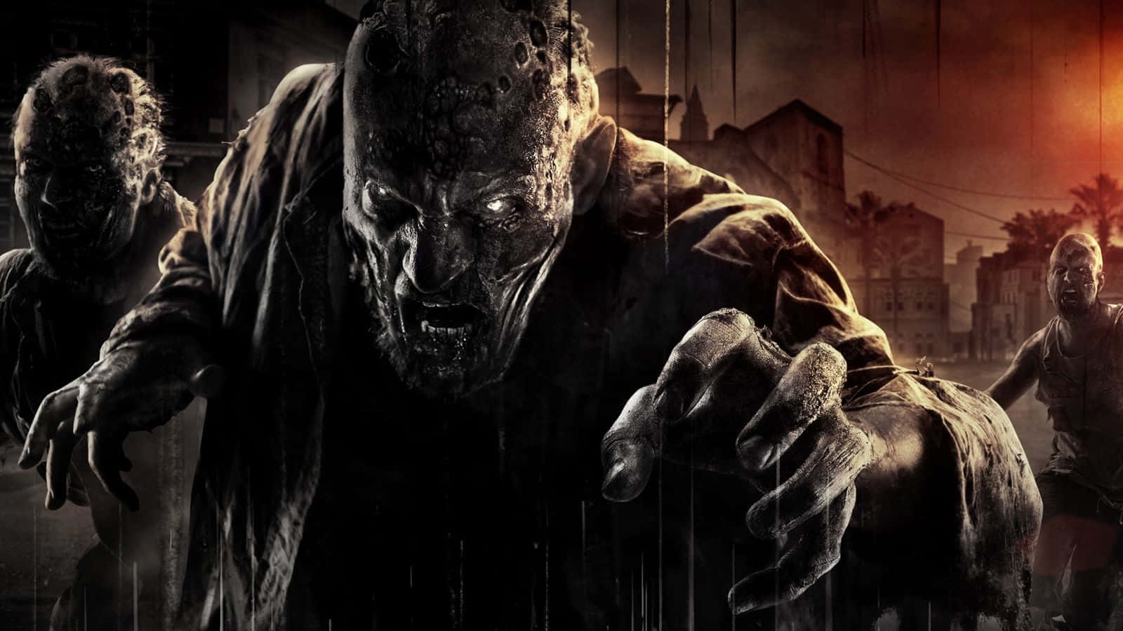 Horror Games 桌布 壁紙 — 一群怪異的殭屍在火紅橙色的天空下，於被雨水浸透的廢墟城市中向前猛衝。