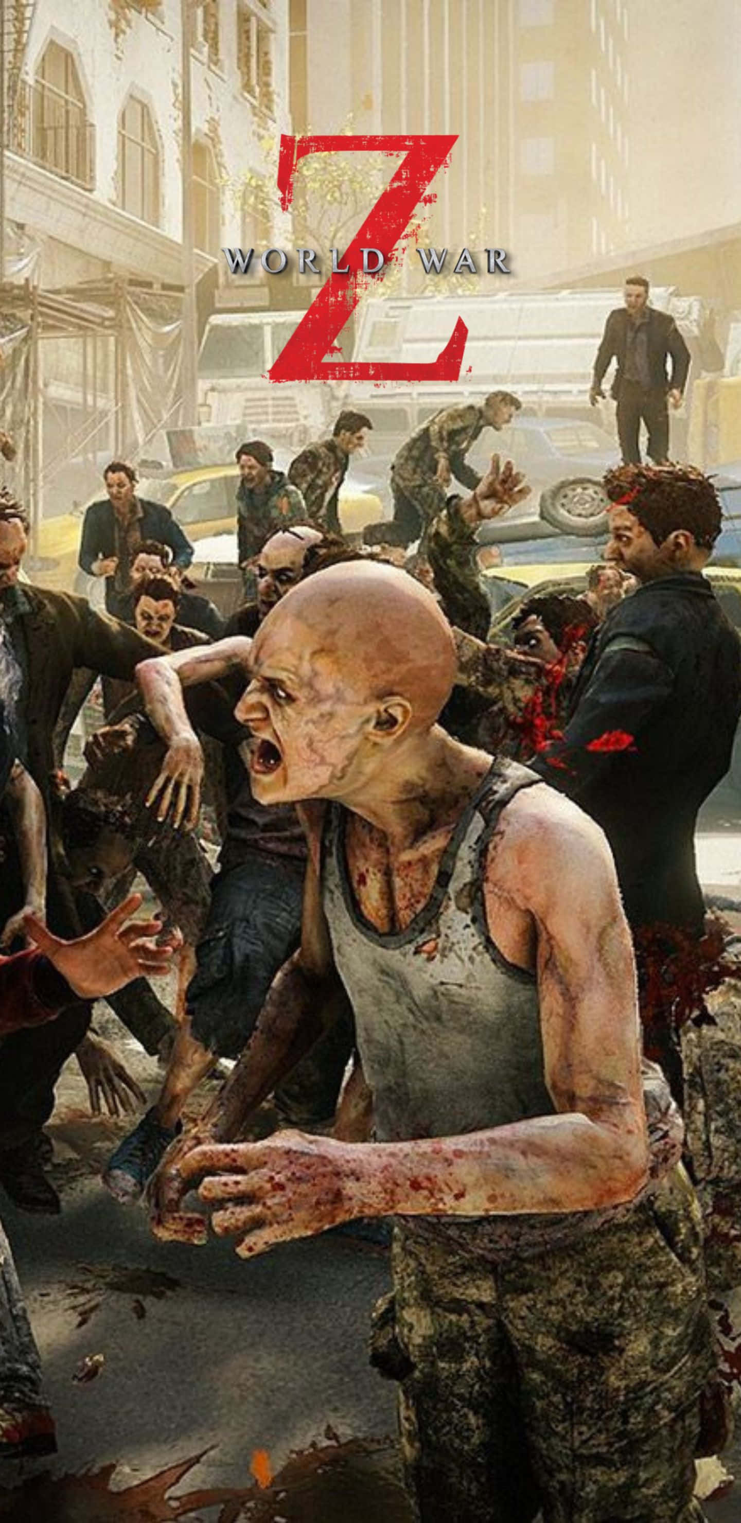 Pixel 3xl World War Z 桌布 壁紙 — 一群怪異的殭屍在陰霾的天空下湧過廢棄的城市街道。