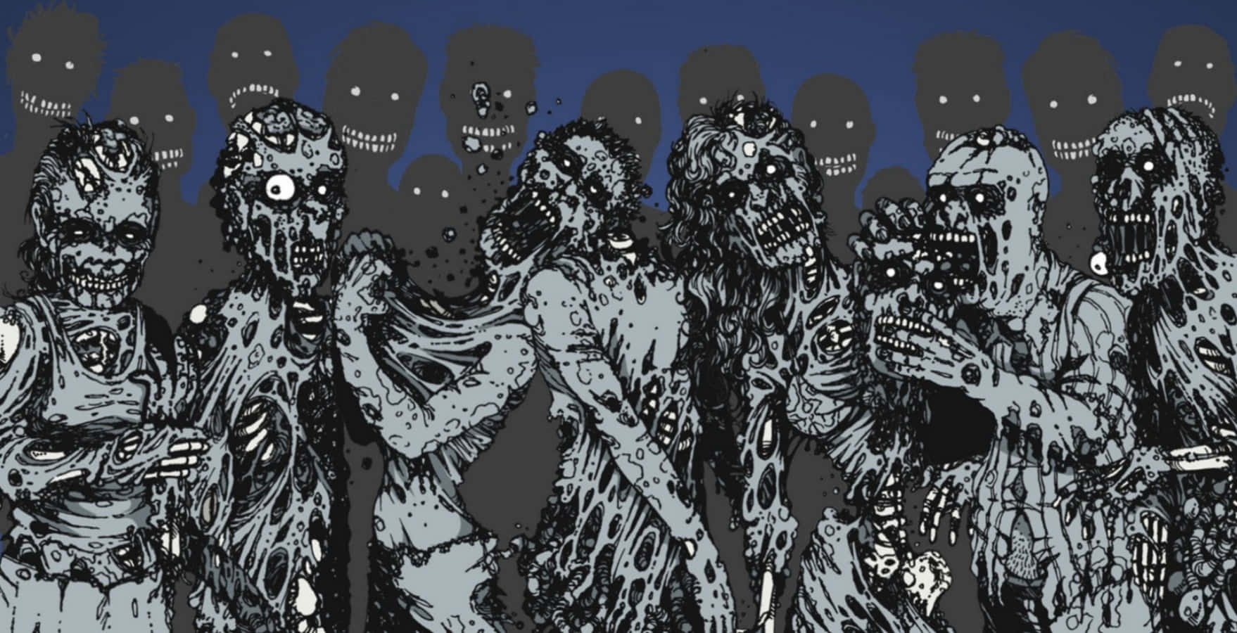 zombies 桌布 壁紙 — 一群怪誕、腐爛的殭屍，露出肉體和空洞的眼睛，在深藍色背景下行進。