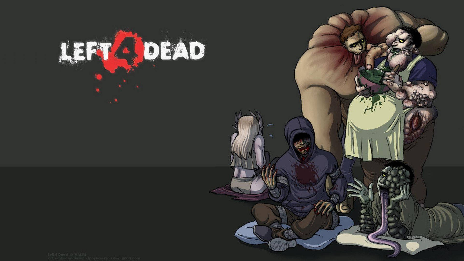 dead 桌布 壁紙 — 一群怪誕的殭屍般生物，其中一個抱著一個孩子，背景為深灰色。