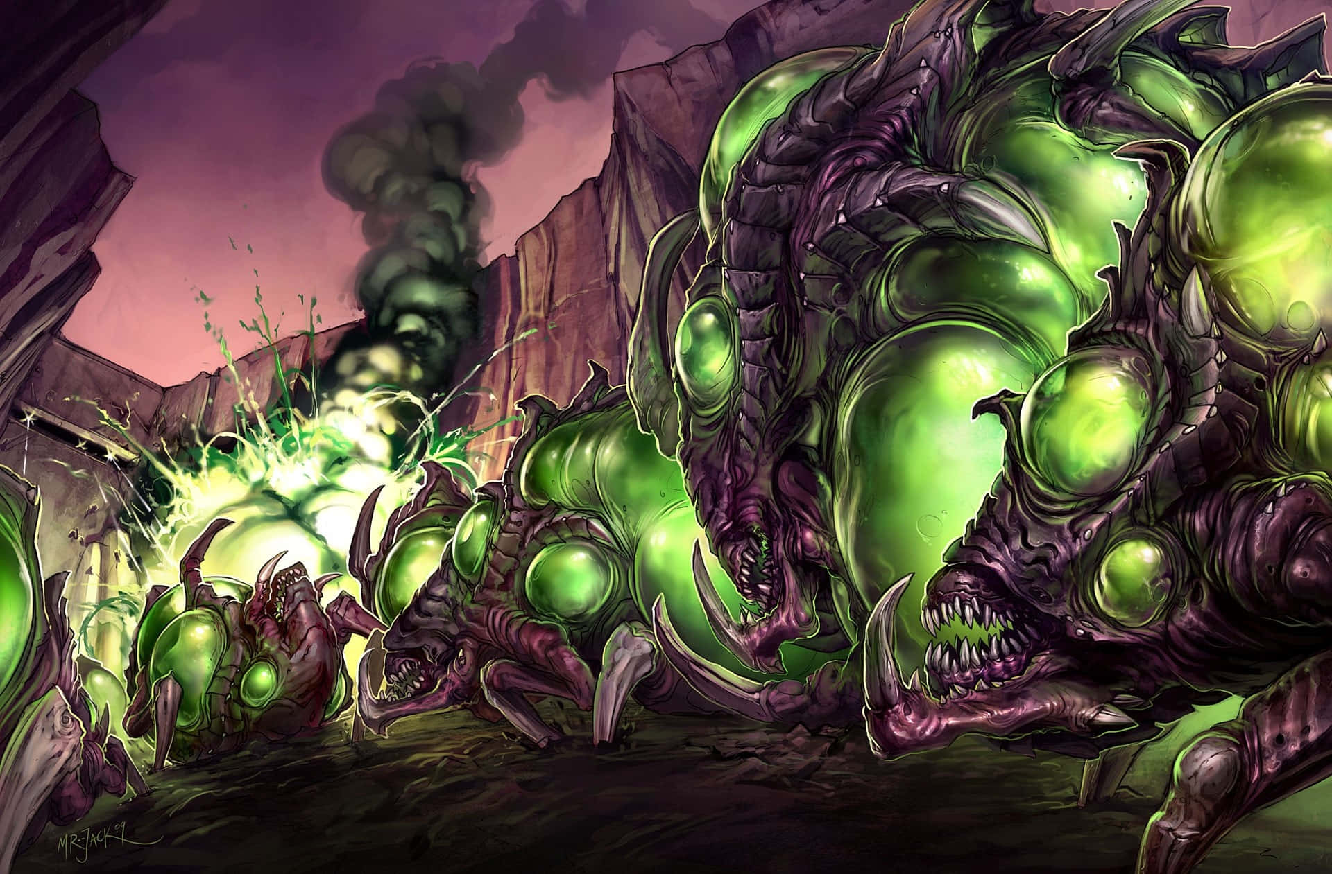 Zerg 桌布 壁紙 — 一群怪誕的綠色外星生物，眼睛發光，牙齒鋒利，在紫色天空下衝過廢墟景觀。