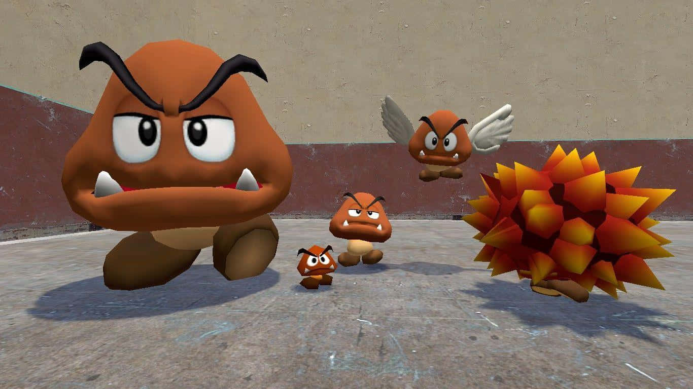 Goomba 桌布 壁紙 — 一群憤怒的栗子小子和一個帶刺的慢慢龜站在遊戲場景的混凝土表面上。