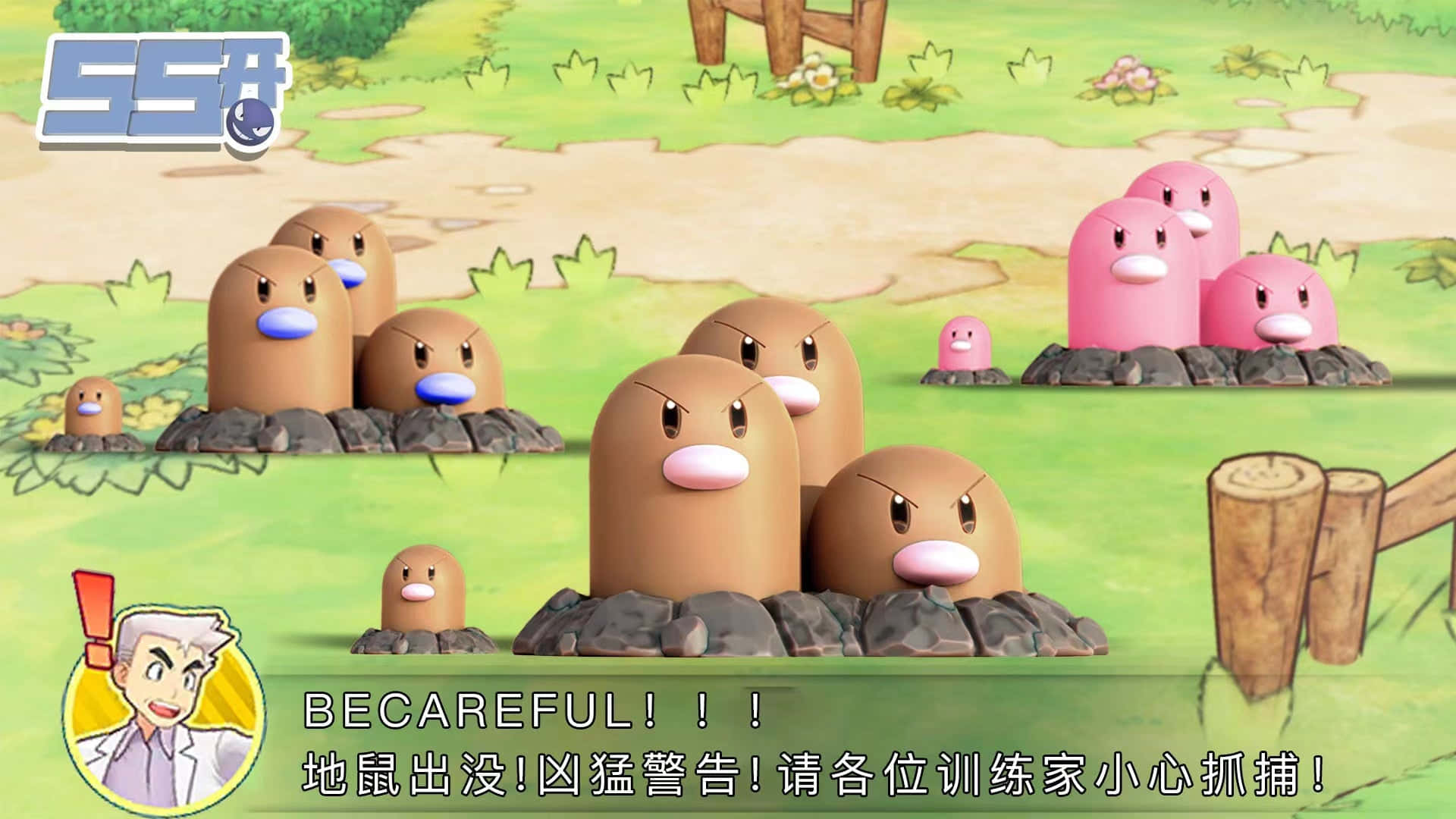 寶可夢 桌布 壁紙 — 一群憤怒的棕色和粉紅色Dugtrio寶可夢從草地上的洞中出現，並帶有警告標誌。
