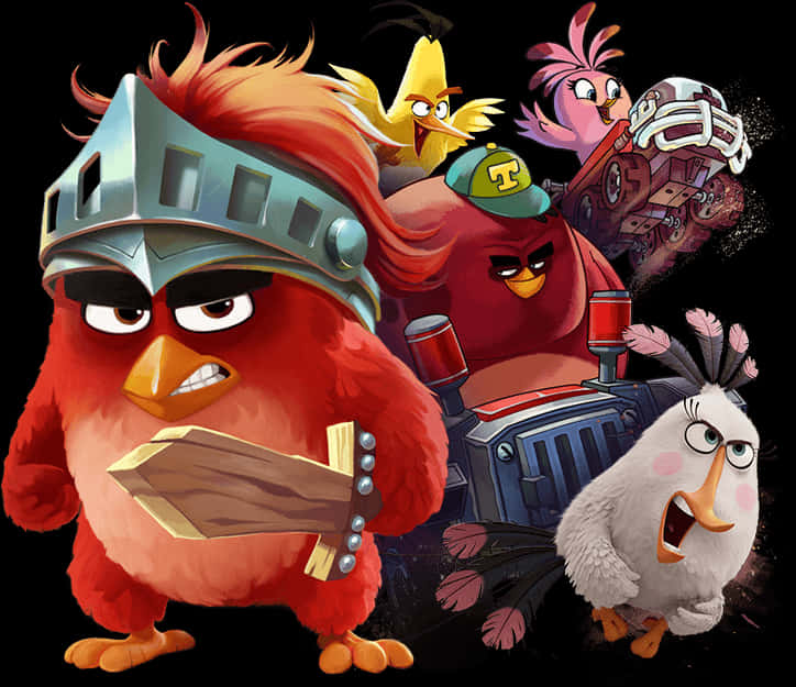 Angry Birds 桌布 壁紙 — 一群憤怒鳥角色穿著戰鬥裝備，包括一隻拿著木劍的紅色騎士鳥和一隻羽毛豎起尖叫的白色鳥。
