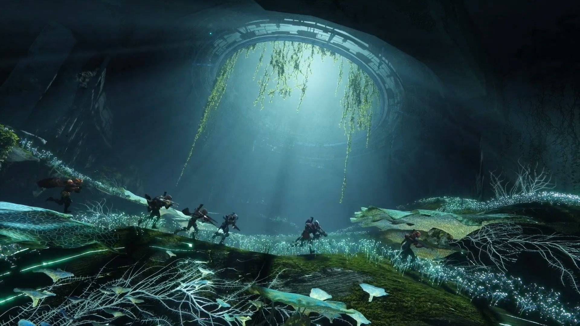 destiny 2 shadowkeep 桌布 壁紙 — 一群戰士在巨大的拱形開口下，穿過一個充滿發光藤蔓和生物發光植物的外星洞穴。