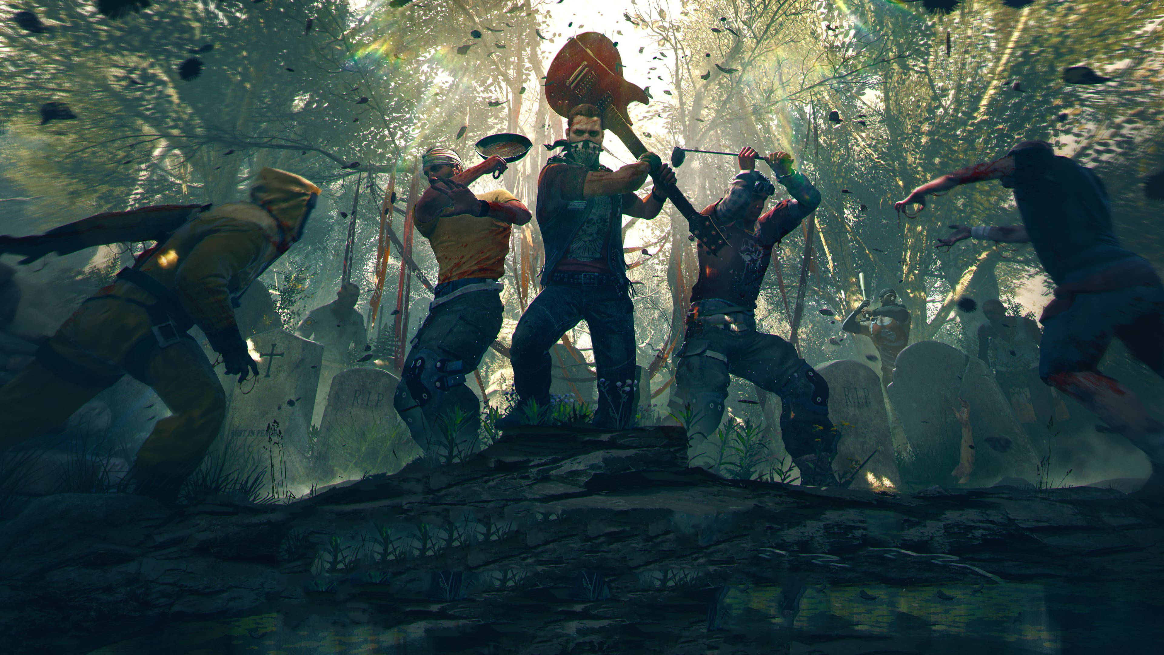 Dying Light 桌布 壁紙 — 一群戰士在陽光明媚的森林中，手持盾牌和劍，在落葉和薄霧中交戰。