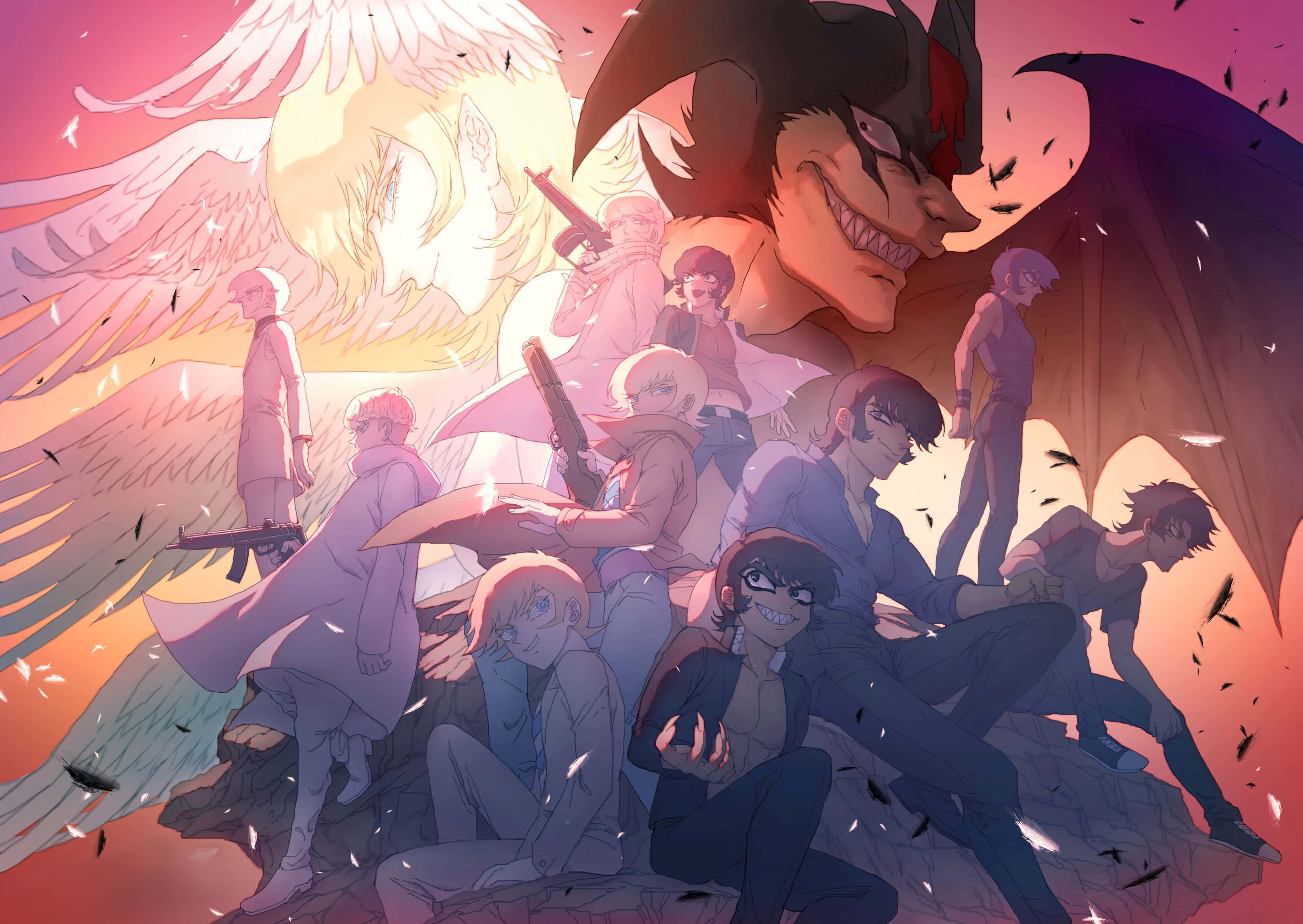 Devilman Crybaby 桌布 壁紙 — 一群戲劇性的動漫角色，帶有翅膀和武器，在火熱的日落背景下擺姿勢。