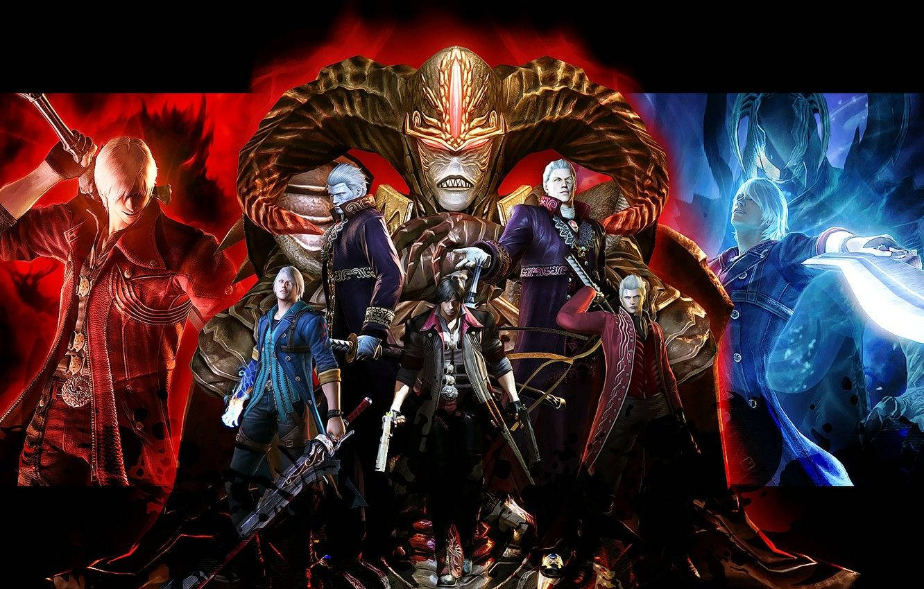 惡魔獵人 桌布 壁紙 — 一群戲劇性的動漫風格戰士和一個怪物首領在火紅和冰藍的背景前對峙。