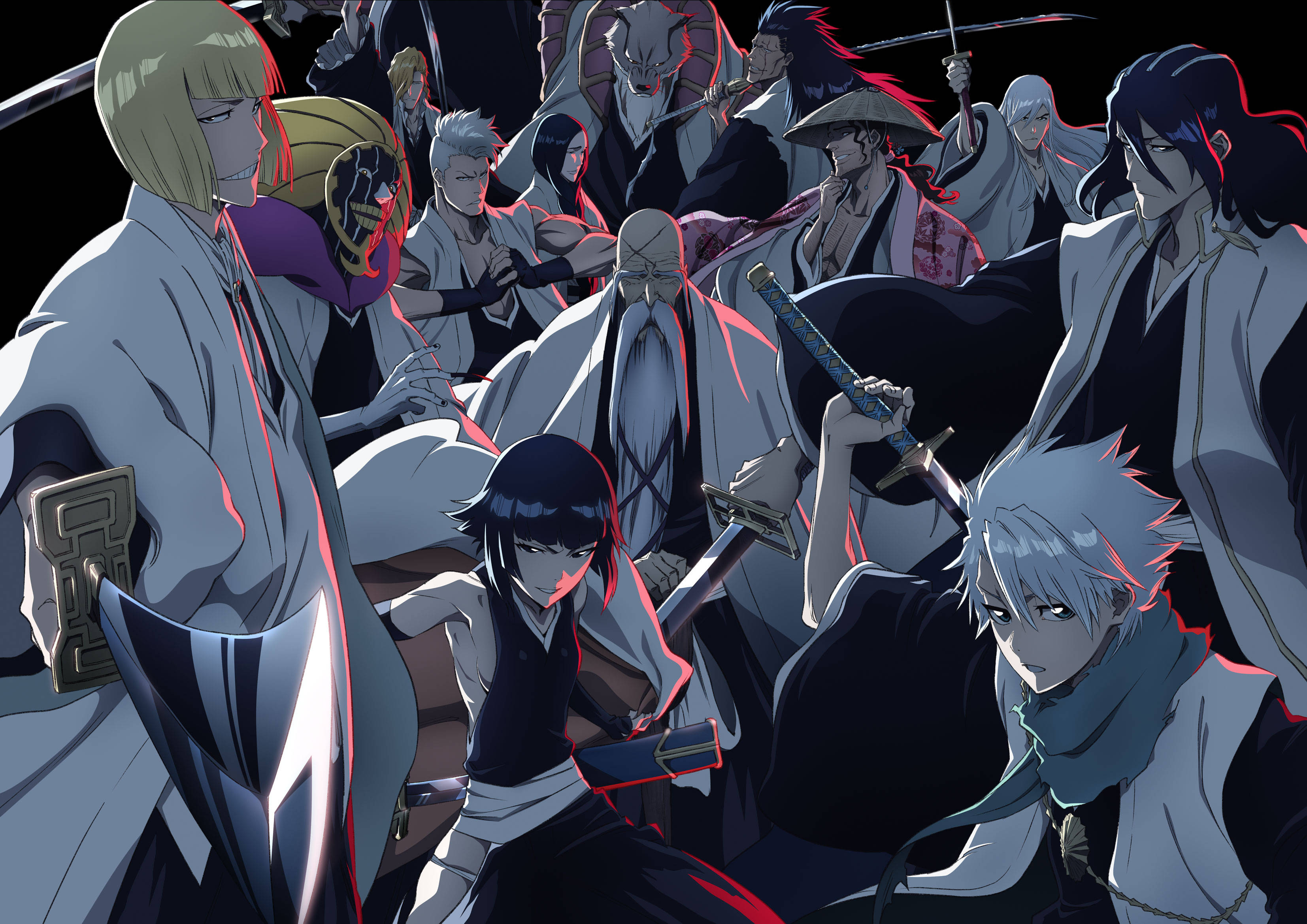 死神 桌布 壁紙 — 一群戲劇性的動畫武士戰士，身穿白色和黑色長袍，在黑暗背景下揮舞著劍。