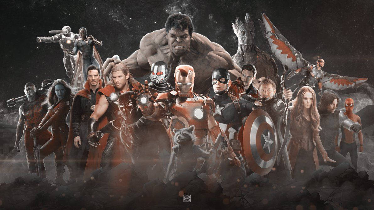 infinity 桌布 壁紙 — 一群戲劇性的超級英雄，包括浩克、鋼鐵人和美國隊長，準備在黑暗的宇宙背景下戰鬥。