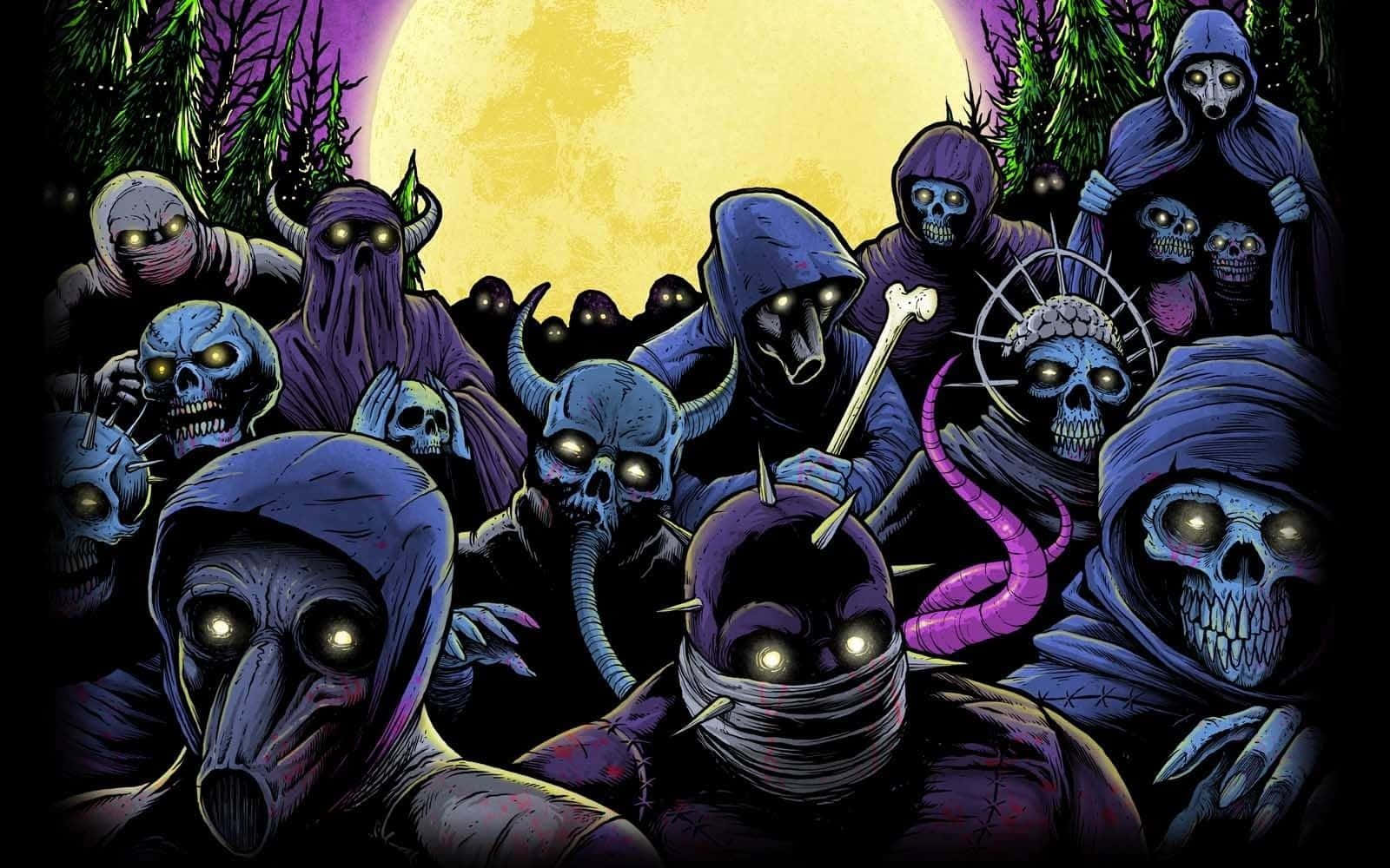 Album Cover 桌布 壁紙 — 一群戴著兜帽、眼睛發光的骷髏身影在黑暗森林中的一輪巨大黃月下聚集，場面駭人。