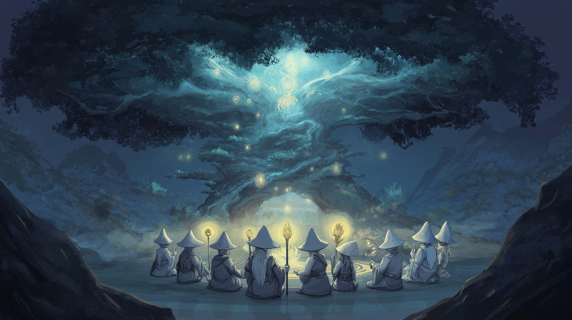 Mystical Council Gathering Under Ancient Luminous Tree 壁紙 — 一群戴著兜帽的人物在迷霧洞穴中，跪在巨大的發光樹下，被漂浮的球體和中央火炬照亮。