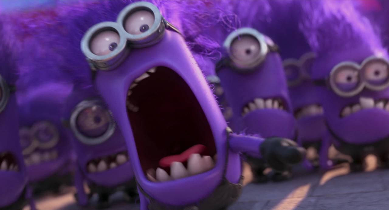 evil 桌布 壁紙 — 一群戴著護目鏡的紫色Minions在混亂的卡通場景中瘋狂尖叫。