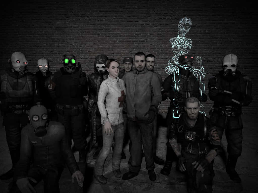 Half-life Characters 桌布 壁紙 — 一群戴著面具、身穿暗色裝備的人物站在磚牆前，身後漂浮著一個發光的骷髏形體。