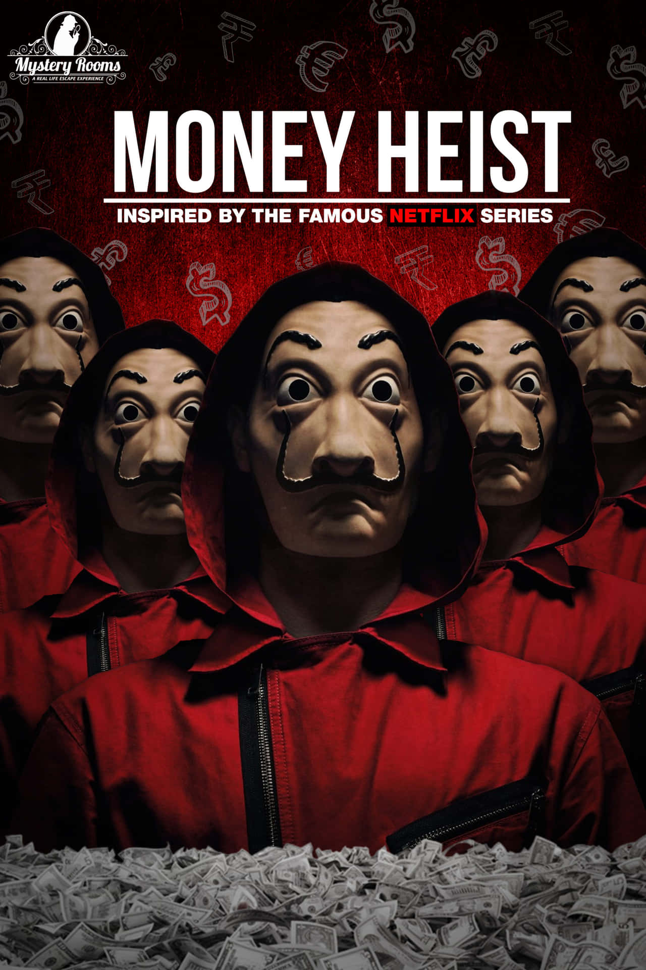 Money Heist Mask 桌布 壁紙 — 一群戴著面具、身穿紅色連身衣的人物站在一堆現金上，背景為紅色並帶有貨幣符號。