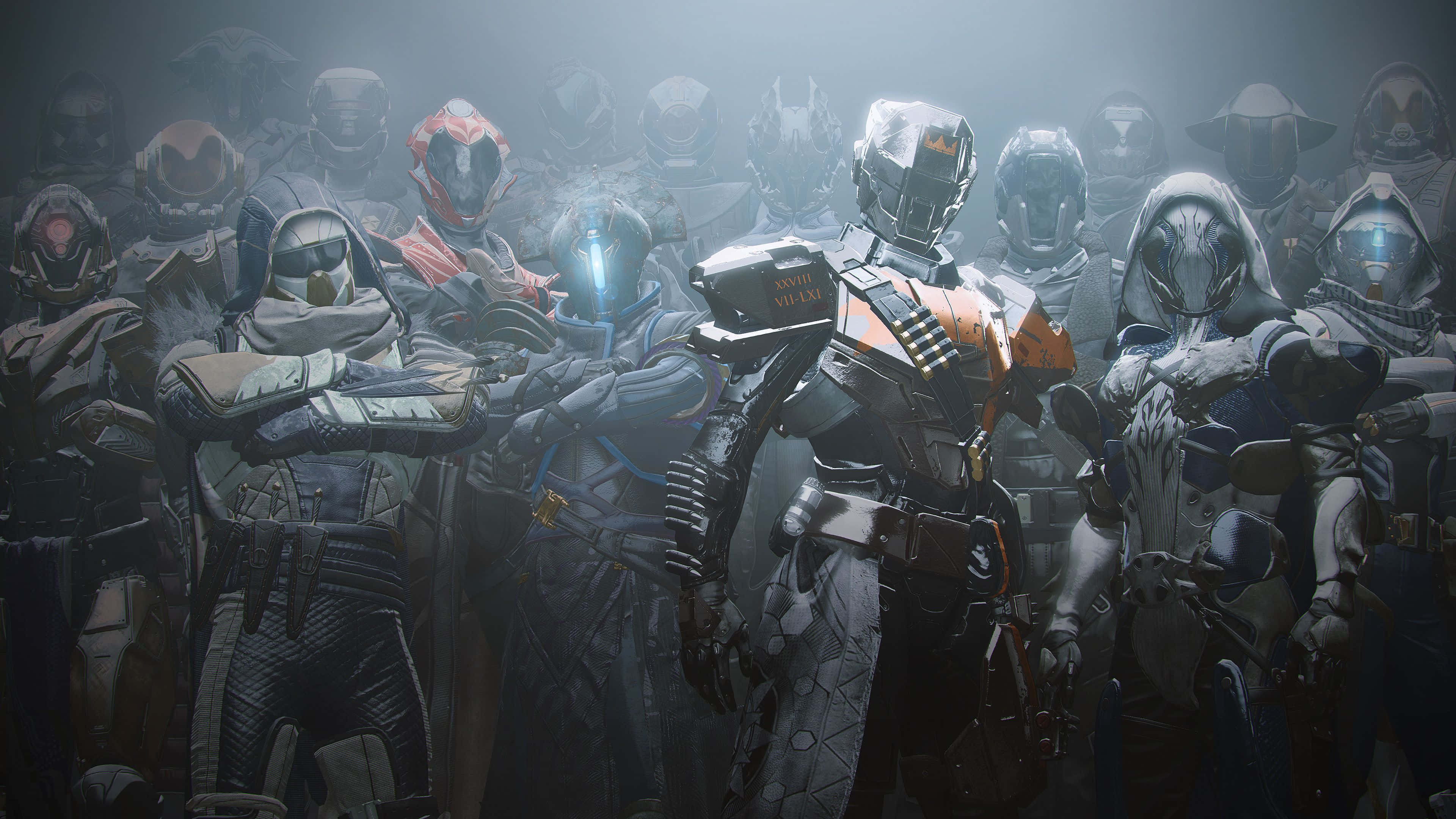 Destiny 2 桌布 壁紙 — 一群戴著頭盔的裝甲未來戰士，在霧氣瀰漫、光線昏暗的陣型中站立，擁有發光的藍色眼睛和橙色點綴。