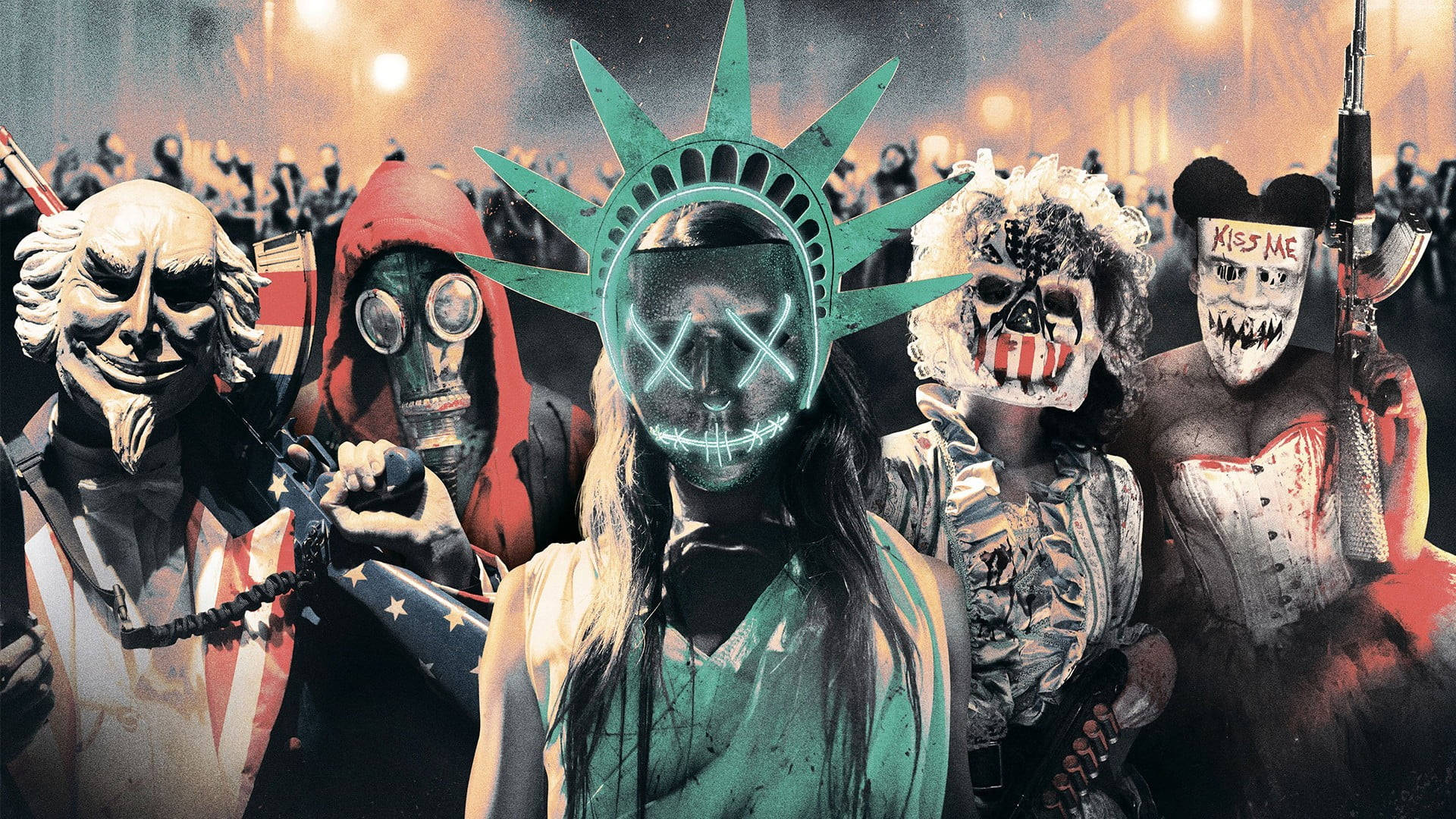 Purge 桌布 壁紙 — 一群戴面具的 dystopian 人物，頭部為發光的自由女神像，在火紅橙色天空下手持武器。